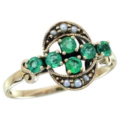 Émeraude naturelle et perle vintage  Bague en or jaune 9K massif