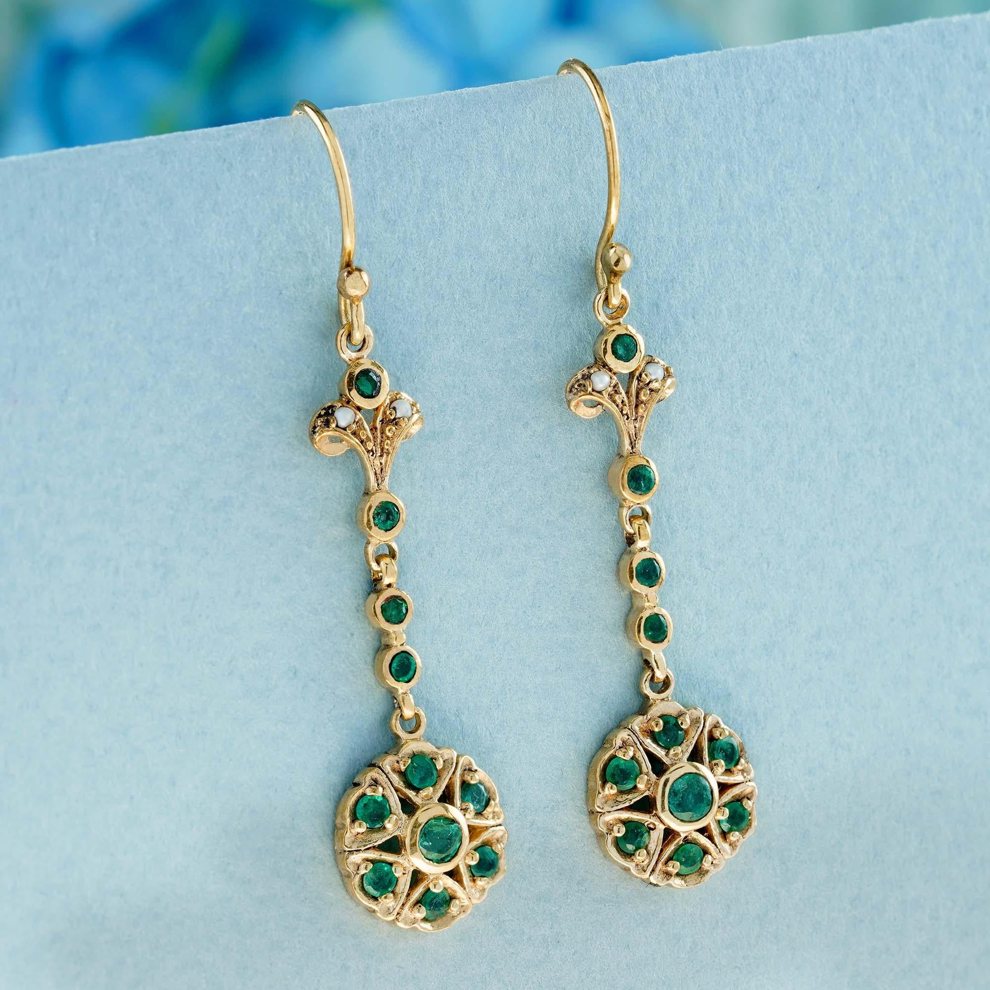 Edwardian Natural Emerald and Pearl Vintage Style Dangle Earrings in 9K Yellow Gold For Sale