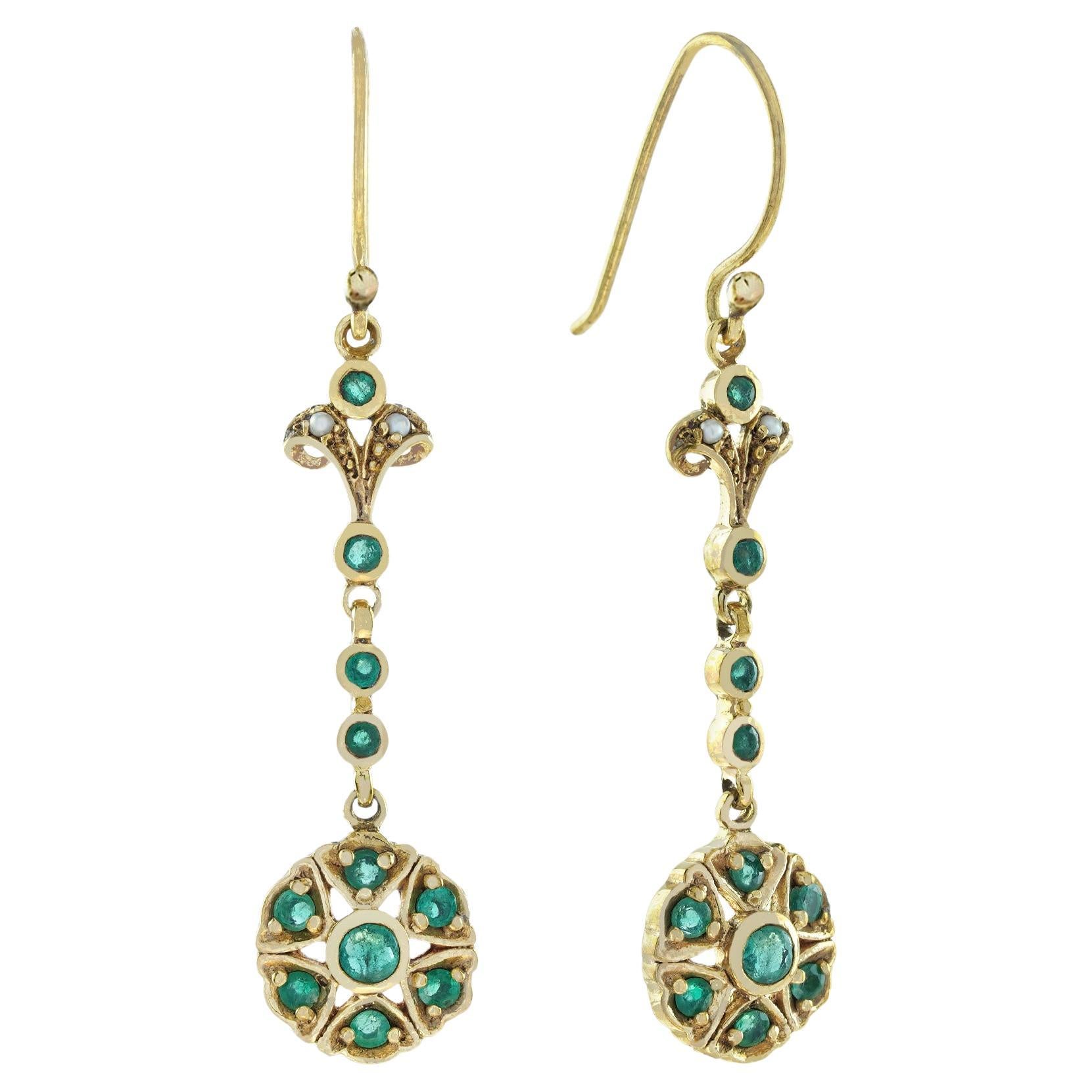 Natural Emerald and Pearl Vintage Style Dangle Earrings in 9K Yellow Gold For Sale