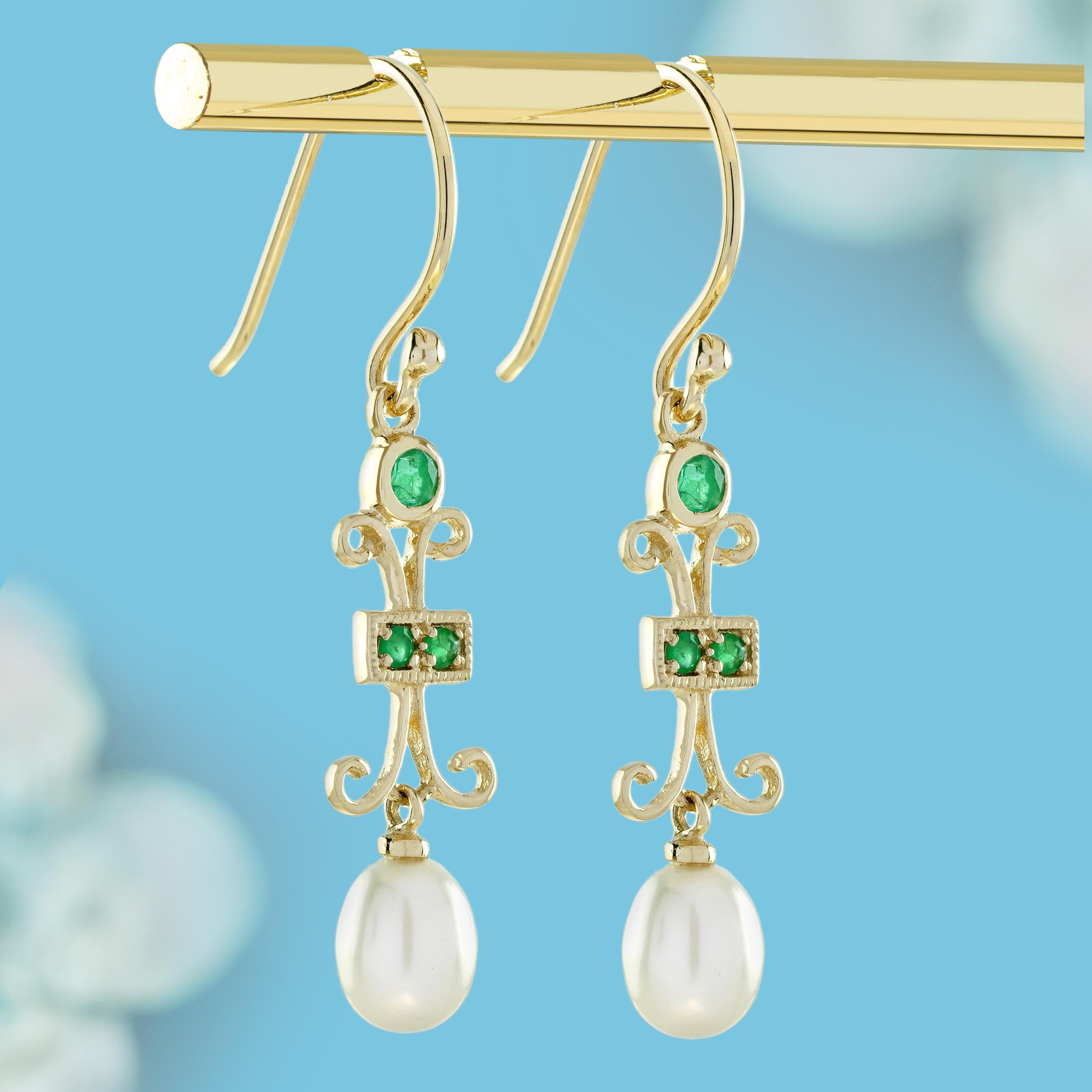 Edwardian Natural Emerald and Pearl Vintage Style Drop Earrings in 9K Yellow Gold For Sale