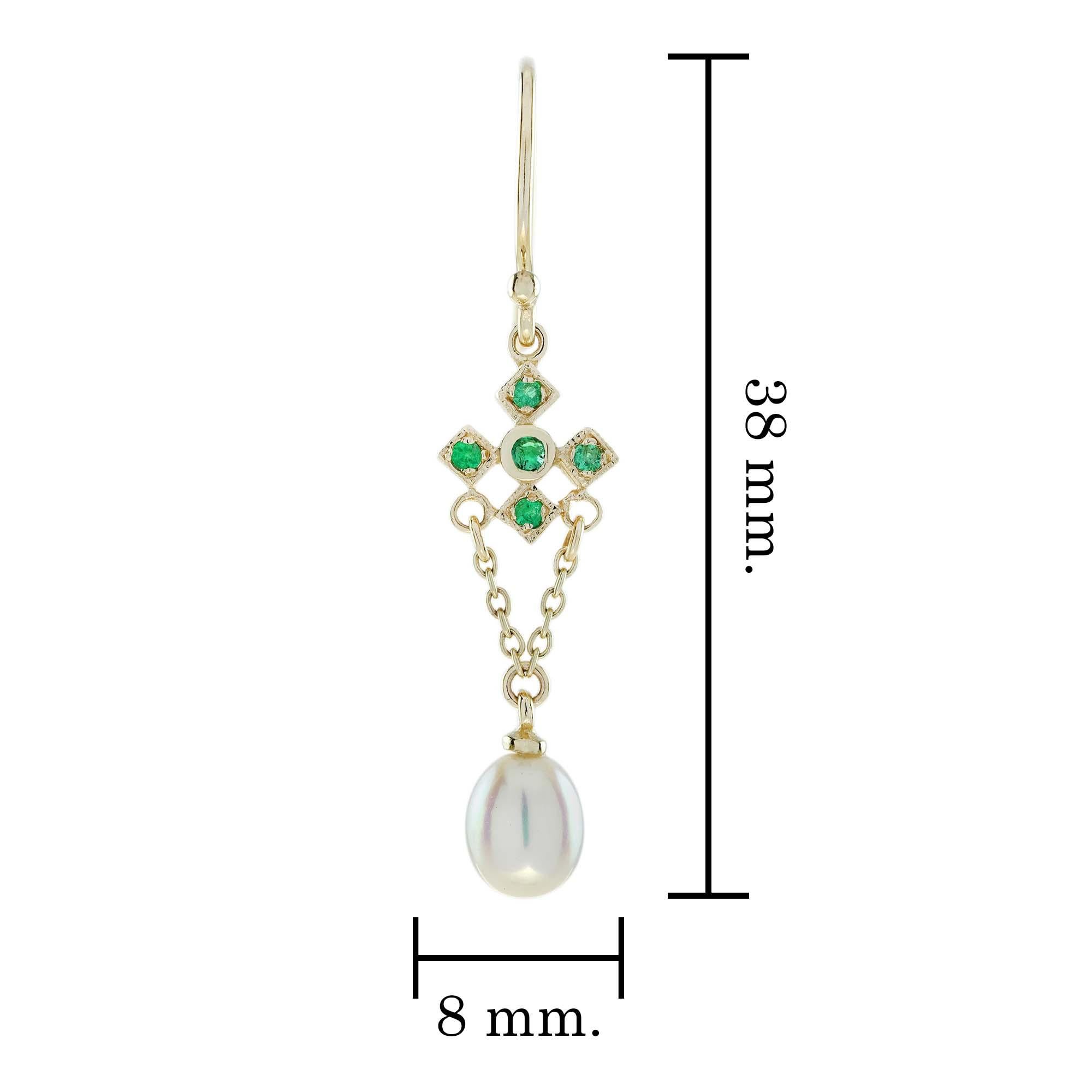 Pendientes de gota estilo vintage de esmeralda natural y perla en oro amarillo de 9 quilates en Nuevo estado para la venta en Bangkok, TH