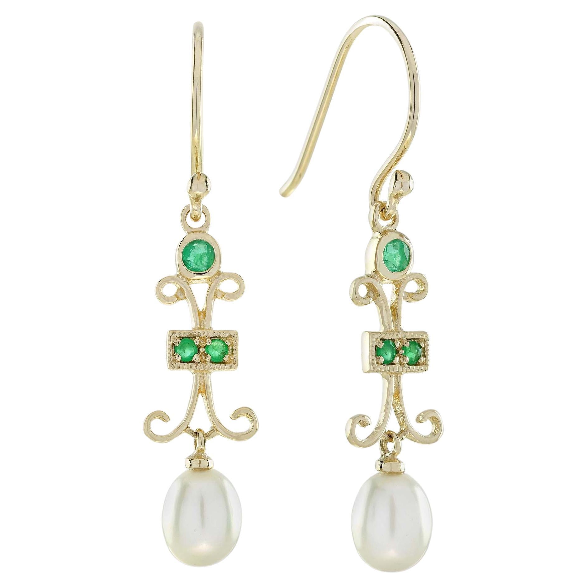 Natürliche Smaragd- und Perlen-Tropfen-Ohrringe im Vintage-Stil aus 9K Gelbgold