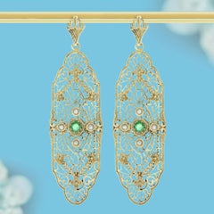 Natural Emerald and Pearl Vintage Style Filigree Earrings in 9K Yellow Gold