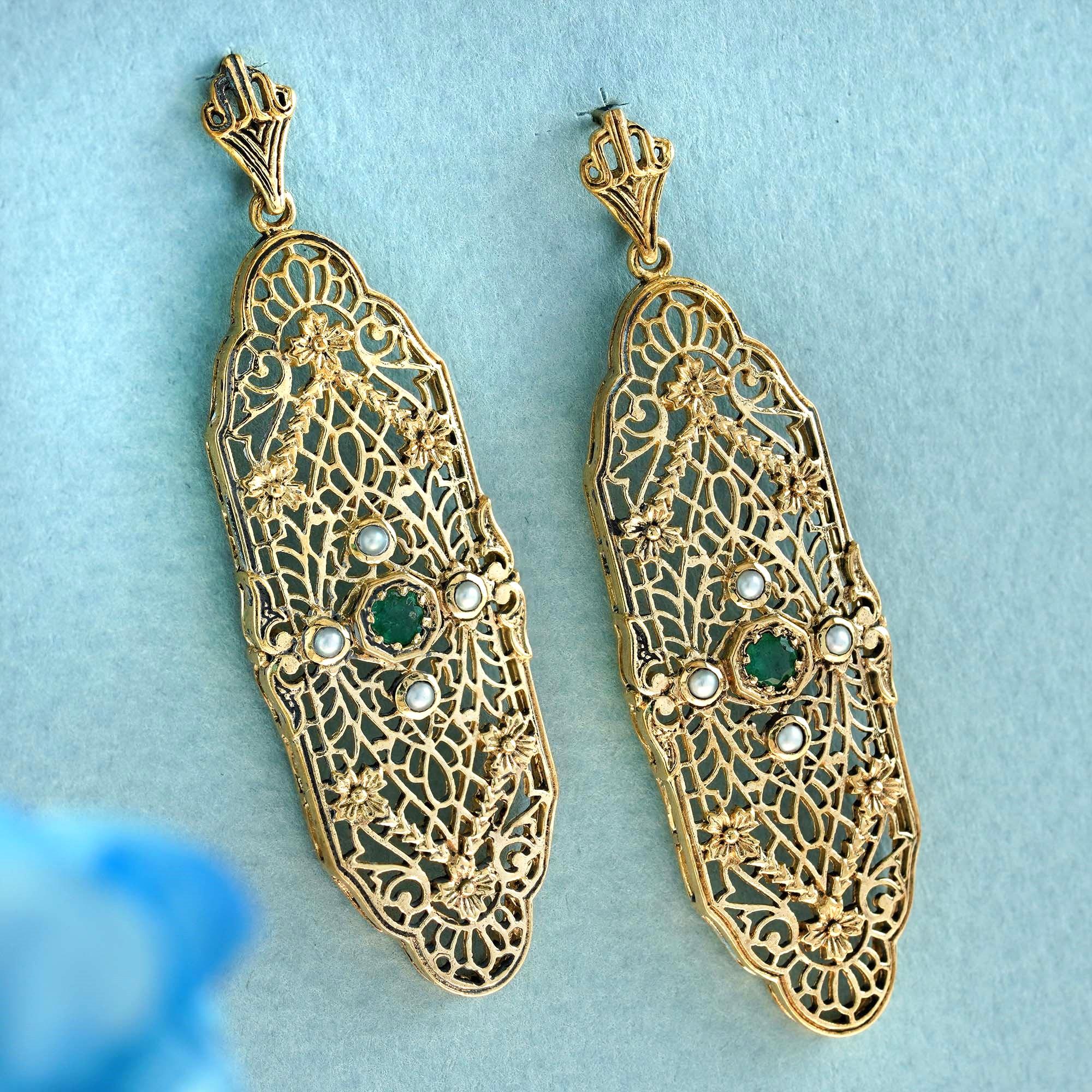 Edwardian Natural Emerald and Pearl Vintage Style Filigree Earrings in 9K Yellow Gold For Sale