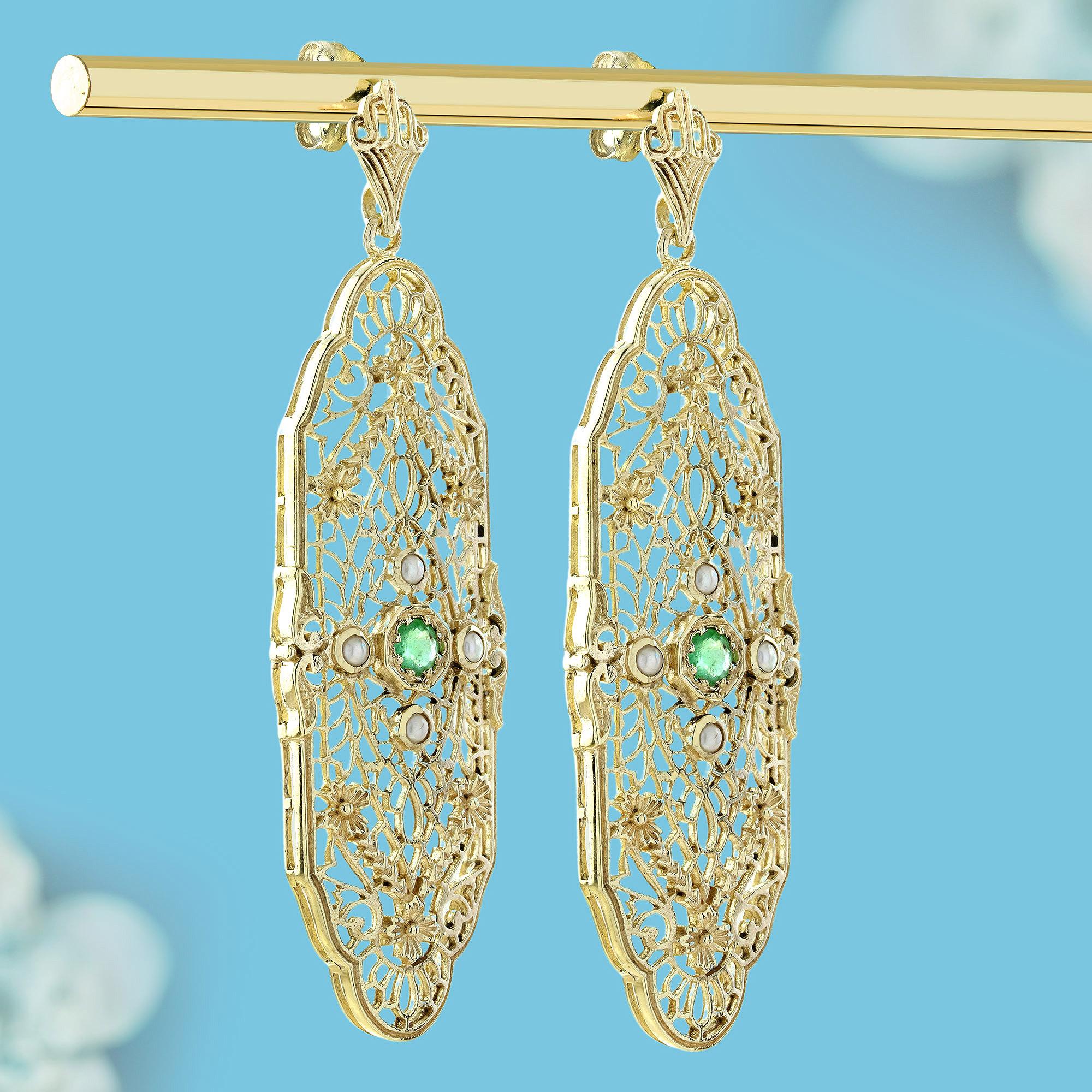 Pendientes de Filigrana Estilo Vintage de Esmeralda Natural y Perla en Oro Amarillo de 9 K Eduardiano en venta