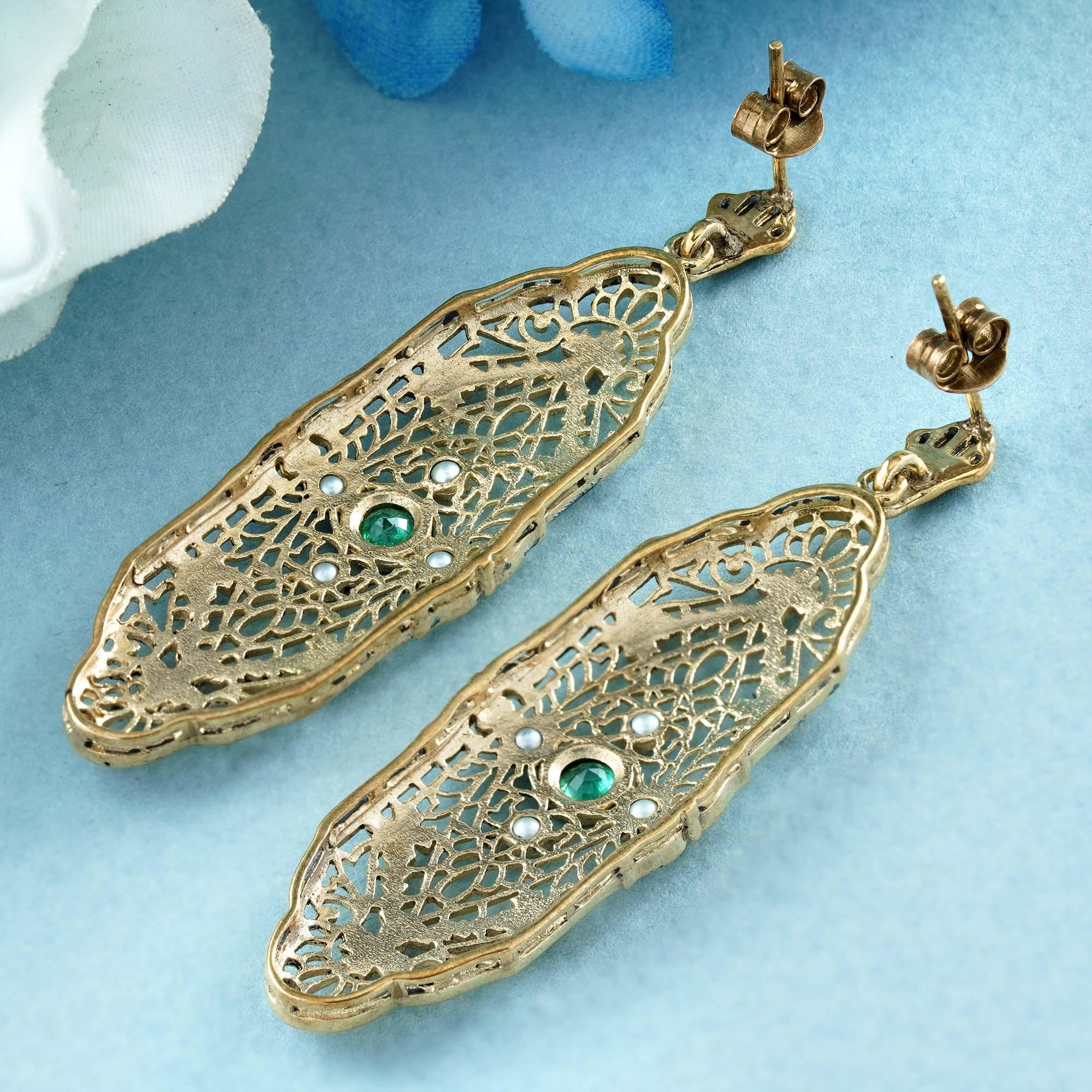 Round Cut Natural Emerald and Pearl Vintage Style Filigree Earrings in 9K Yellow Gold For Sale