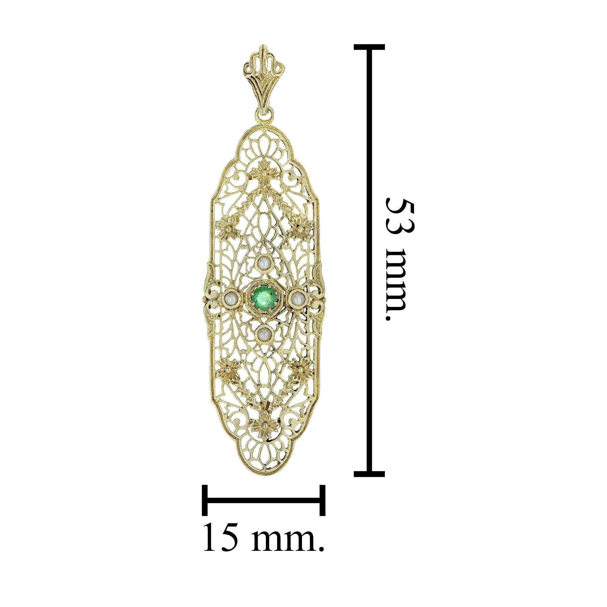 Pendientes de Filigrana Estilo Vintage de Esmeralda Natural y Perla en Oro Amarillo de 9 K en Nuevo estado para la venta en Bangkok, TH