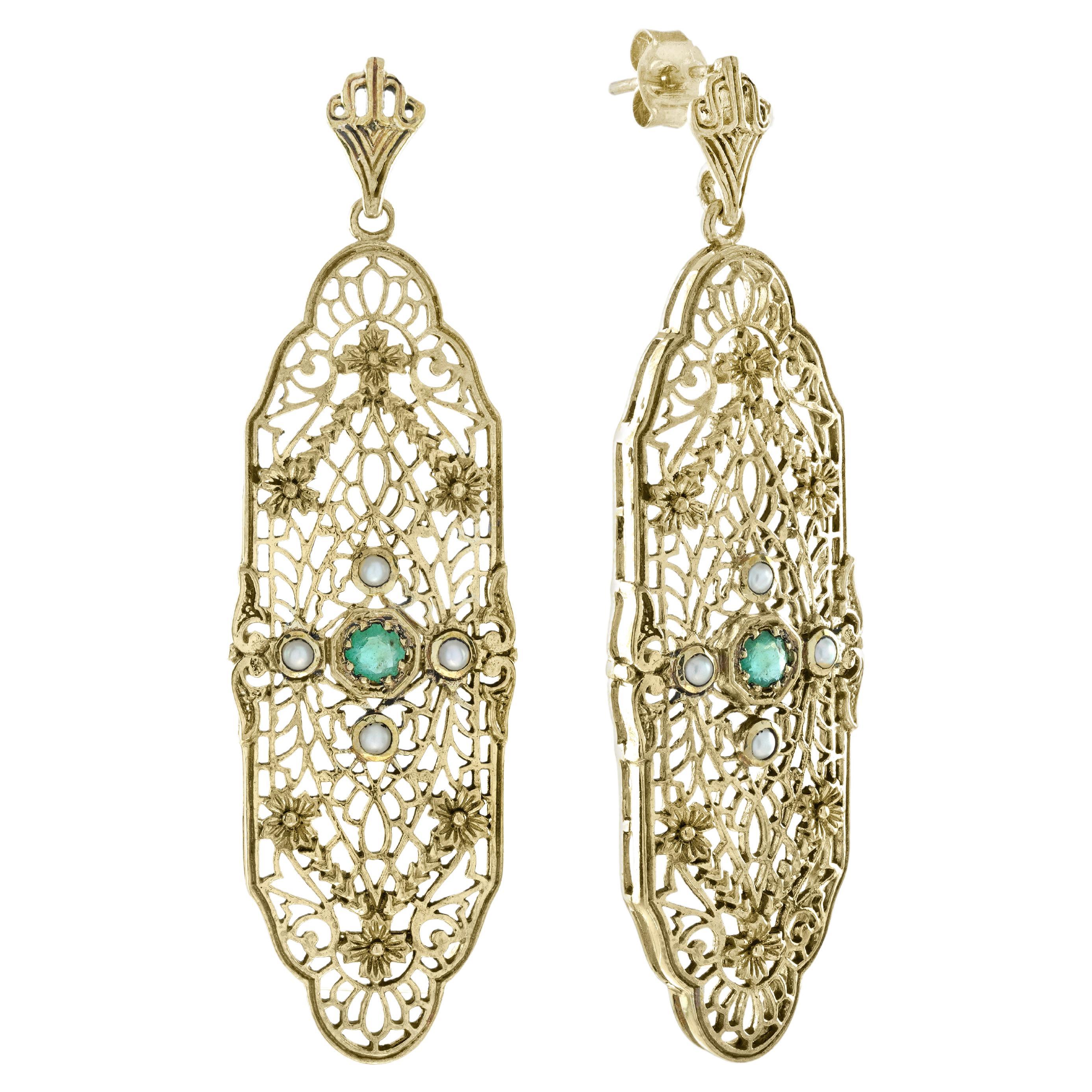 Natural Emerald and Pearl Vintage Style Filigree Earrings in 9K Yellow Gold For Sale