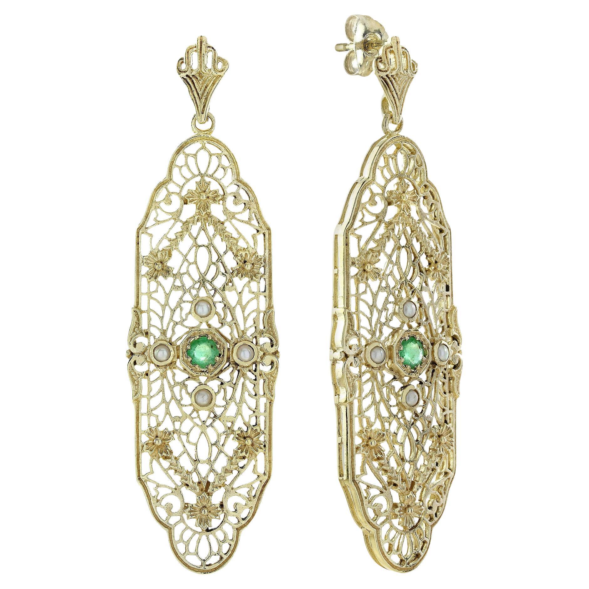 Pendientes de Filigrana Estilo Vintage de Esmeralda Natural y Perla en Oro Amarillo de 9 K
