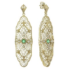 Natural Emerald and Pearl Vintage Style Filigree Earrings in 9K Yellow Gold