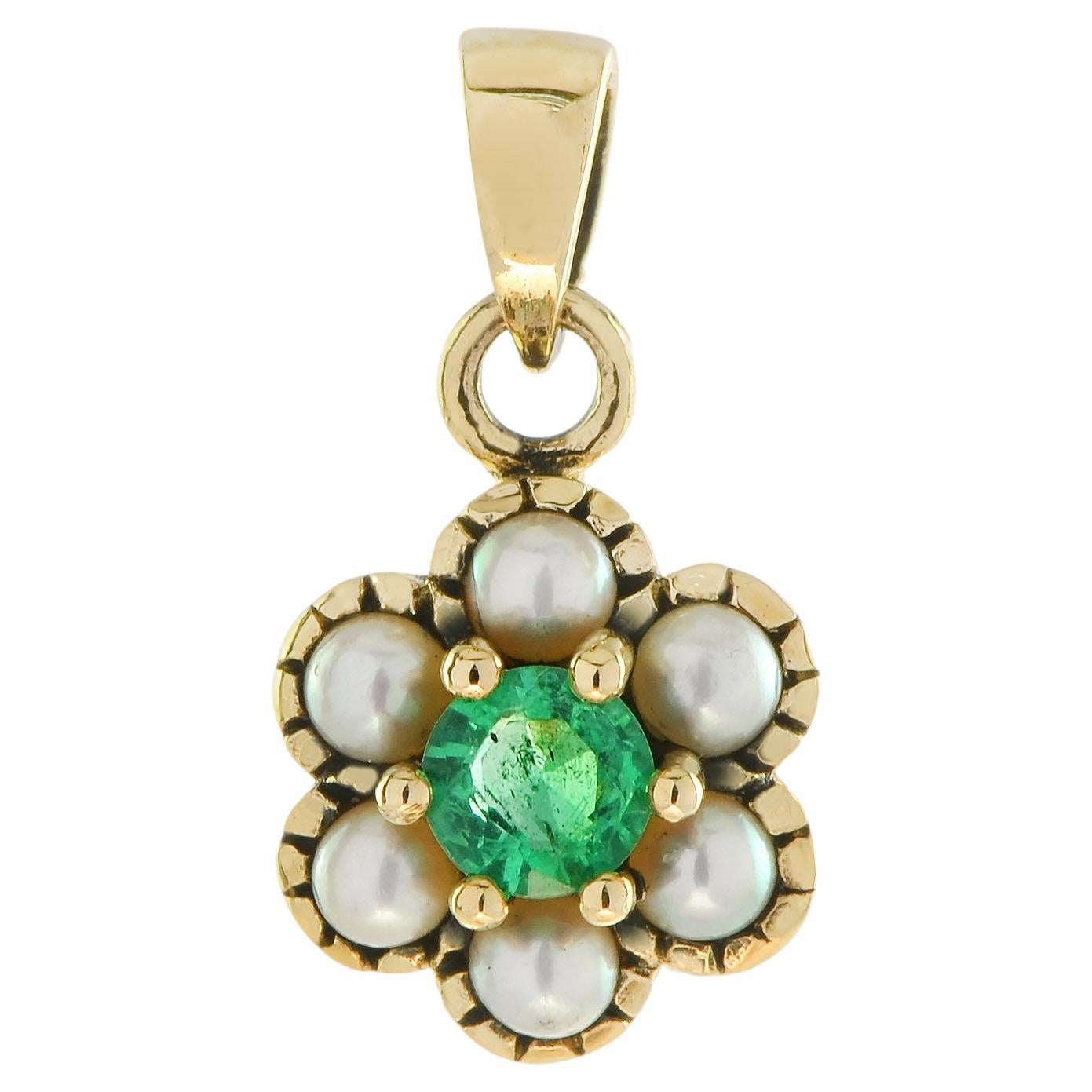 Natural Emerald and Pearl Vintage Style Floral Cluster Pendant in Solid 9K Gold