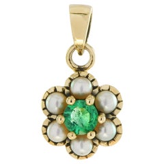 Natural Emerald and Pearl Vintage Style Floral Cluster Pendant in Solid 9K Gold