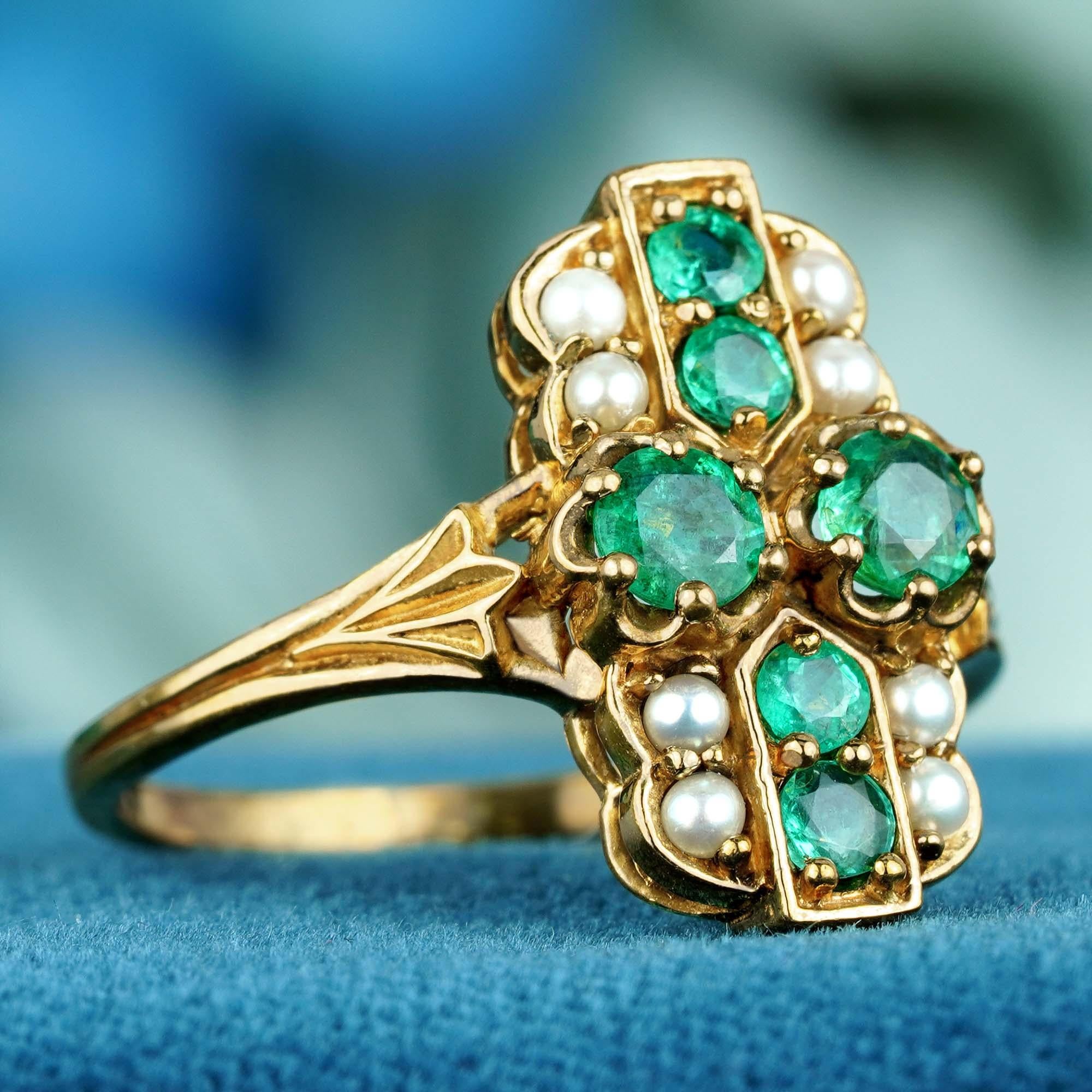 For Sale:  Natural Emerald and Pearl Vintage Style Ring in Solid 9K Gold 2