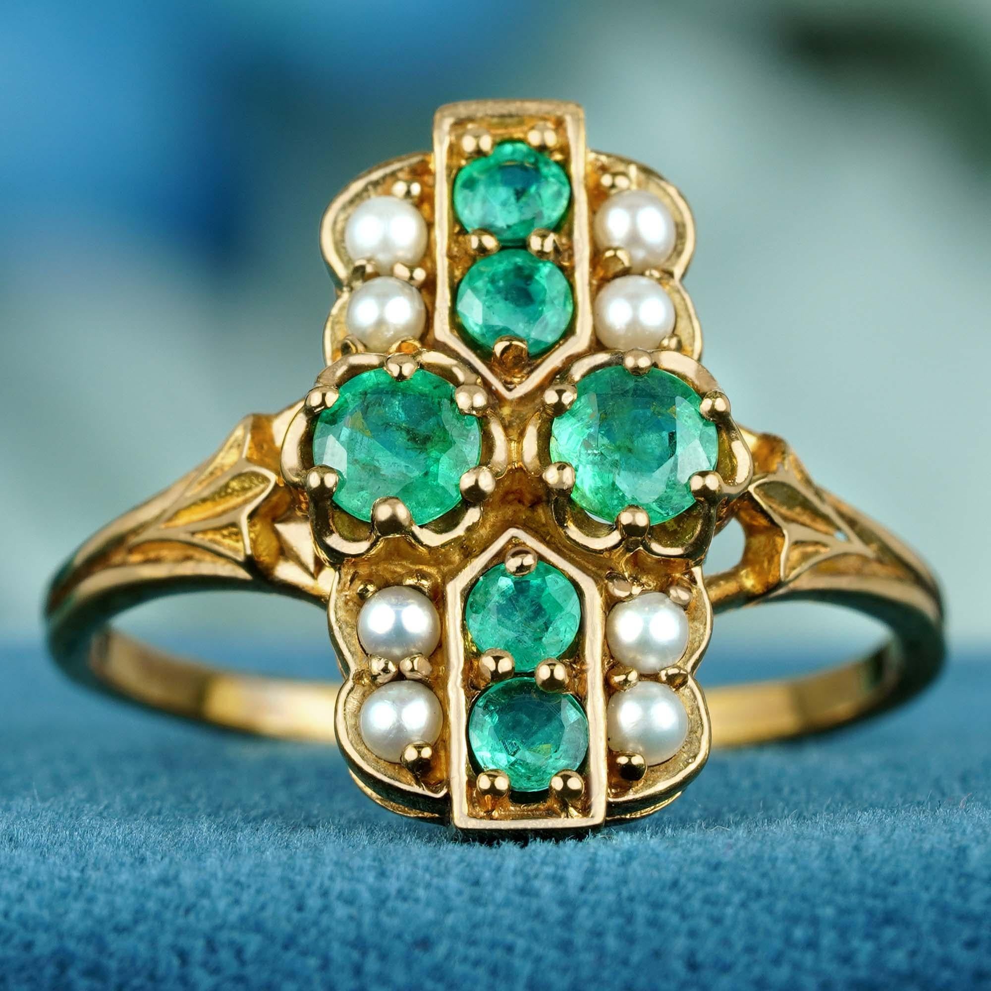 For Sale:  Natural Emerald and Pearl Vintage Style Ring in Solid 9K Gold 3