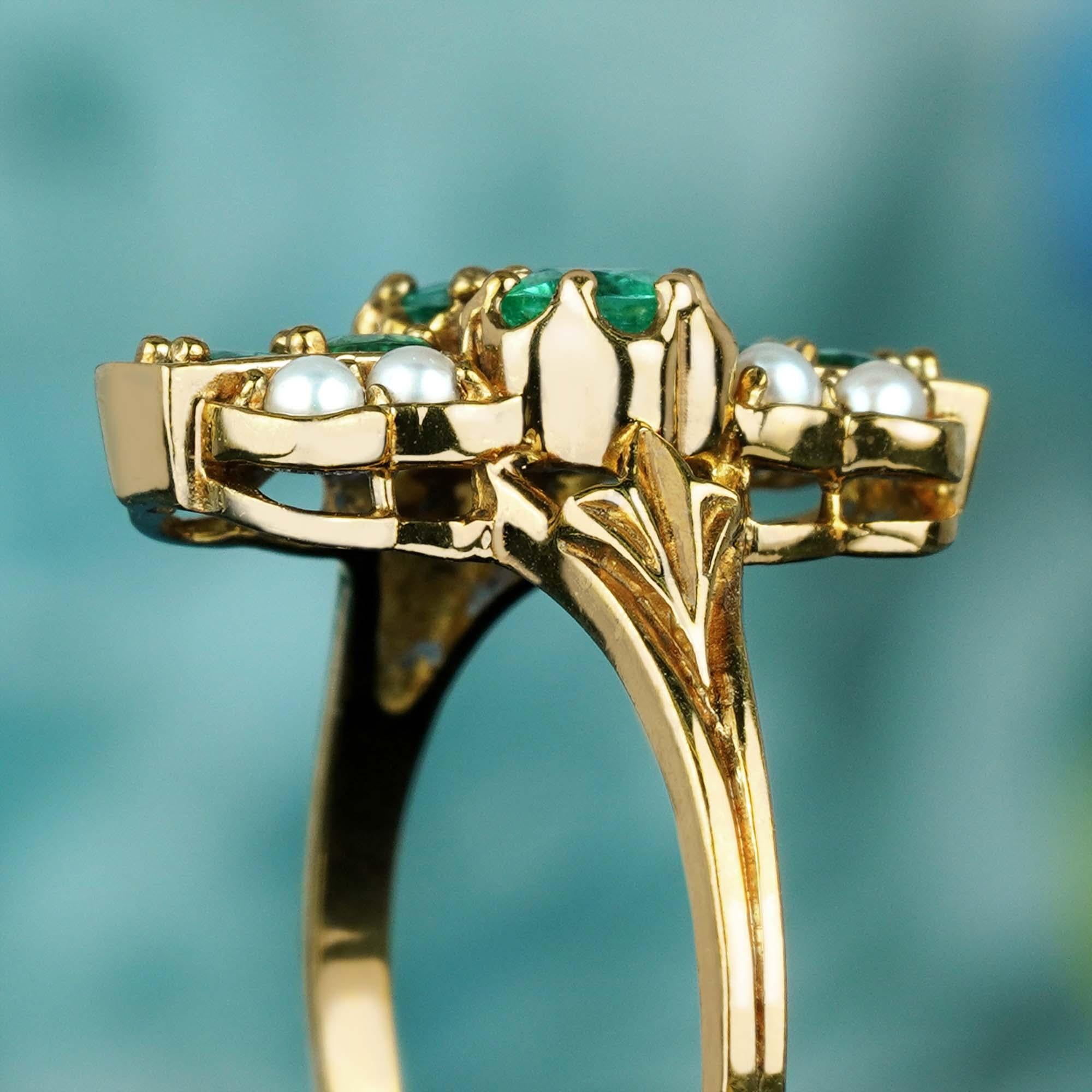 For Sale:  Natural Emerald and Pearl Vintage Style Ring in Solid 9K Gold 6