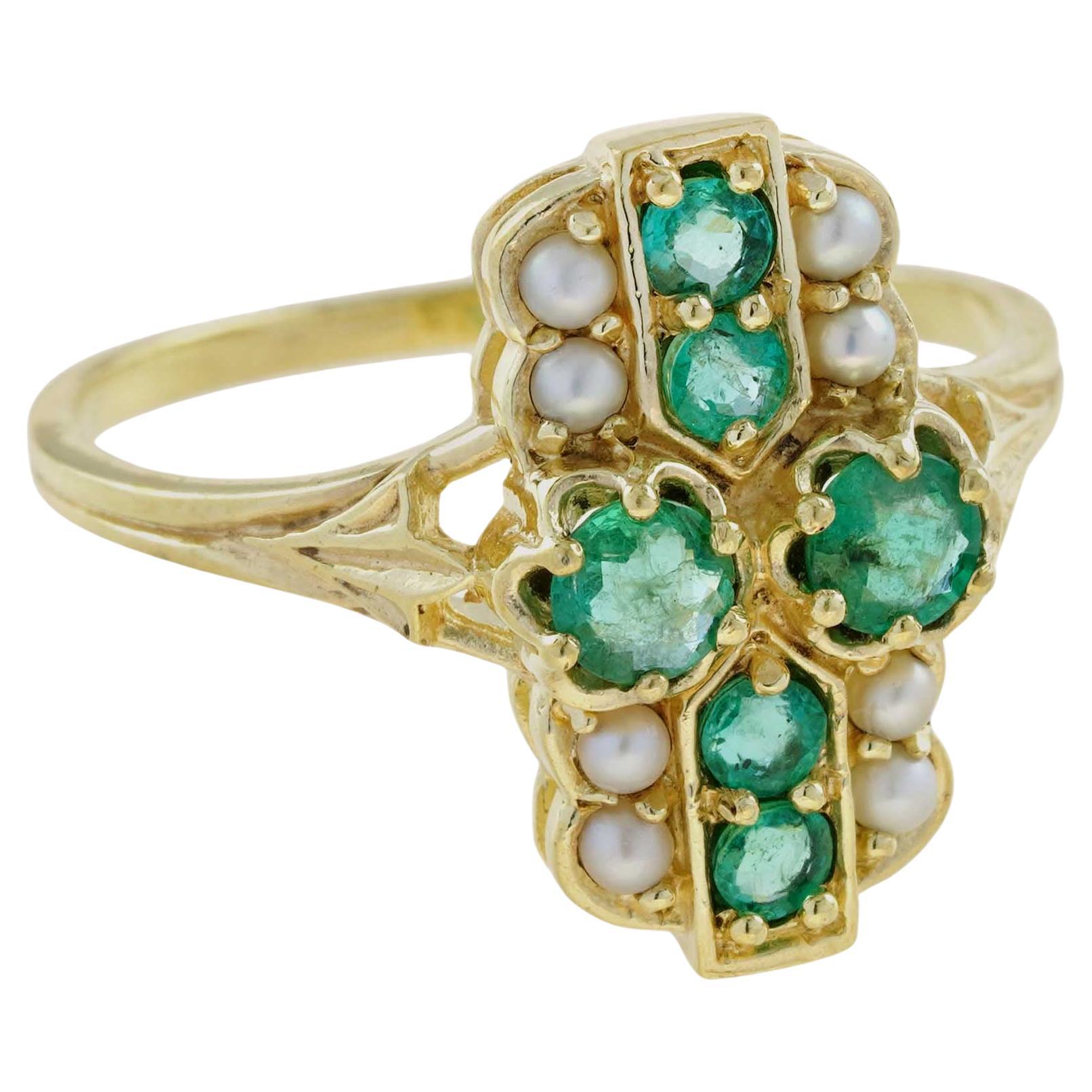 Natürlicher Smaragd- und Perlenring im Vintage-Stil aus massivem 9K Gold