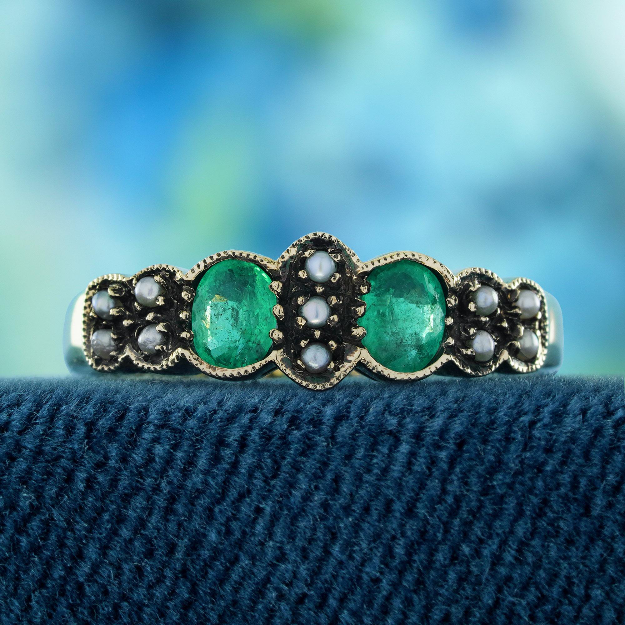 Discover the timeless charm of our Natural Emerald and Pearl Onyx Vintage Style Ring in Solid 9K Yellow Gold. 
This exquisite piece blends the vibrant green of a natural emerald, the soft glow of a lustrous pearl.
Inspired by the elegance of the