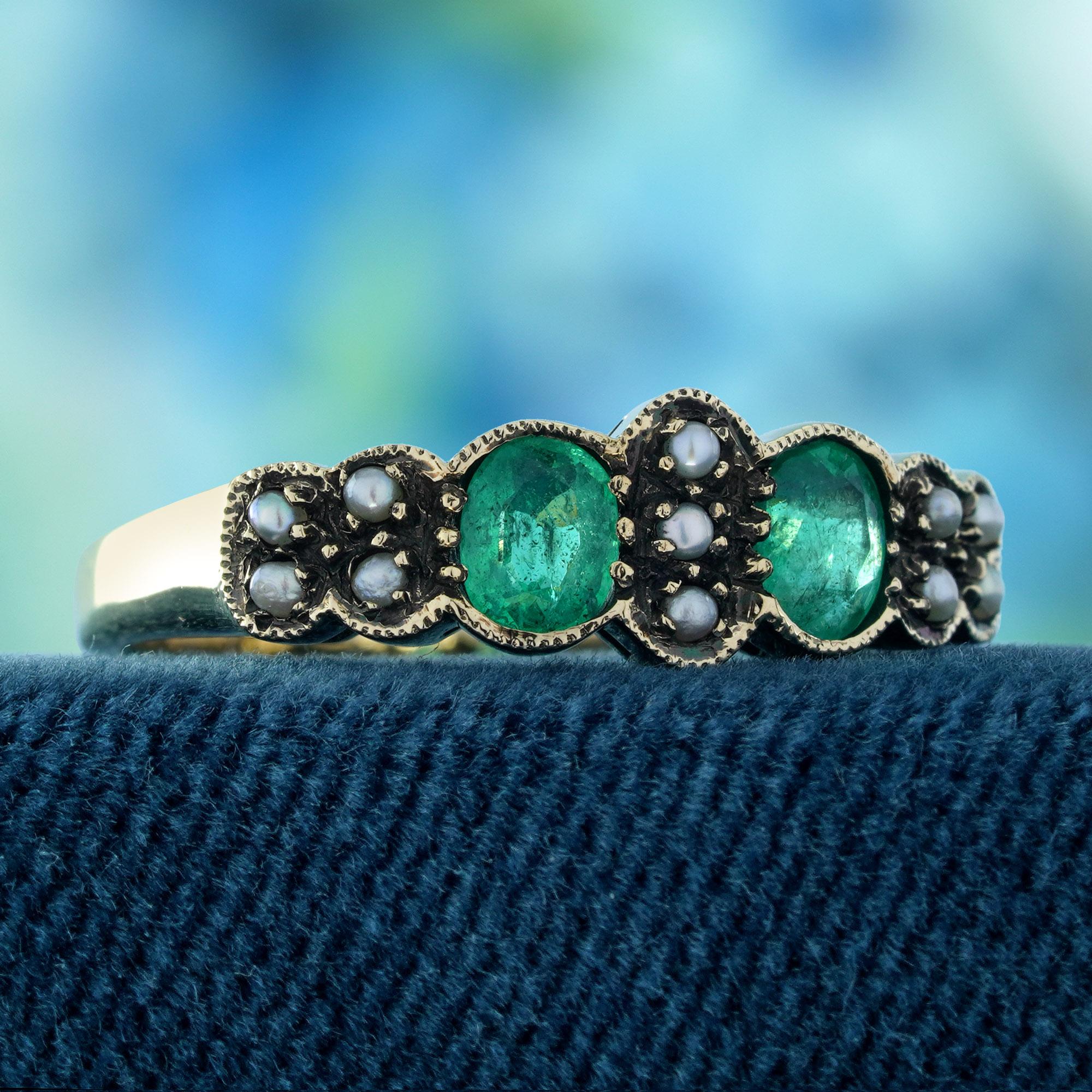 Victorian Natural Emerald and Pearl Vintage Style Ring in Solid 9K Yellow Gold For Sale