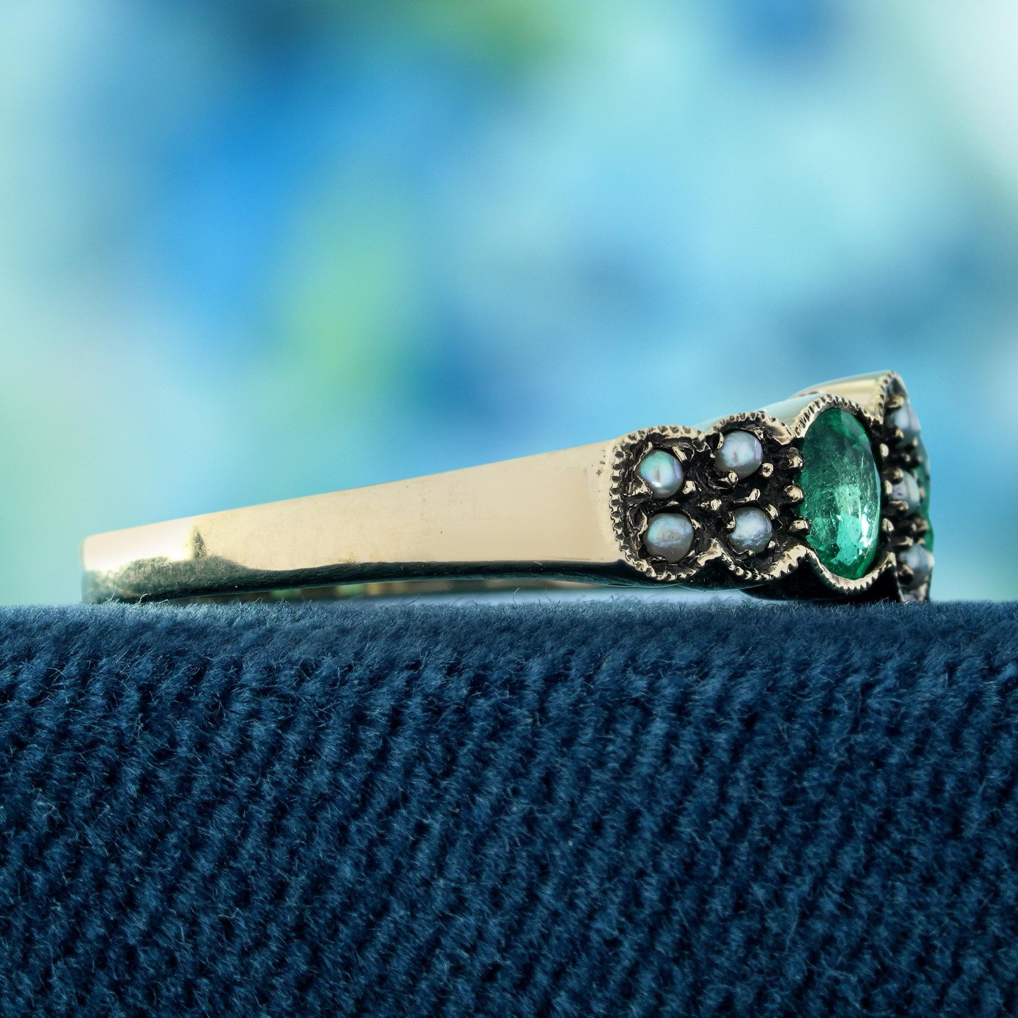 Oval Cut Natural Emerald and Pearl Vintage Style Ring in Solid 9K Yellow Gold For Sale