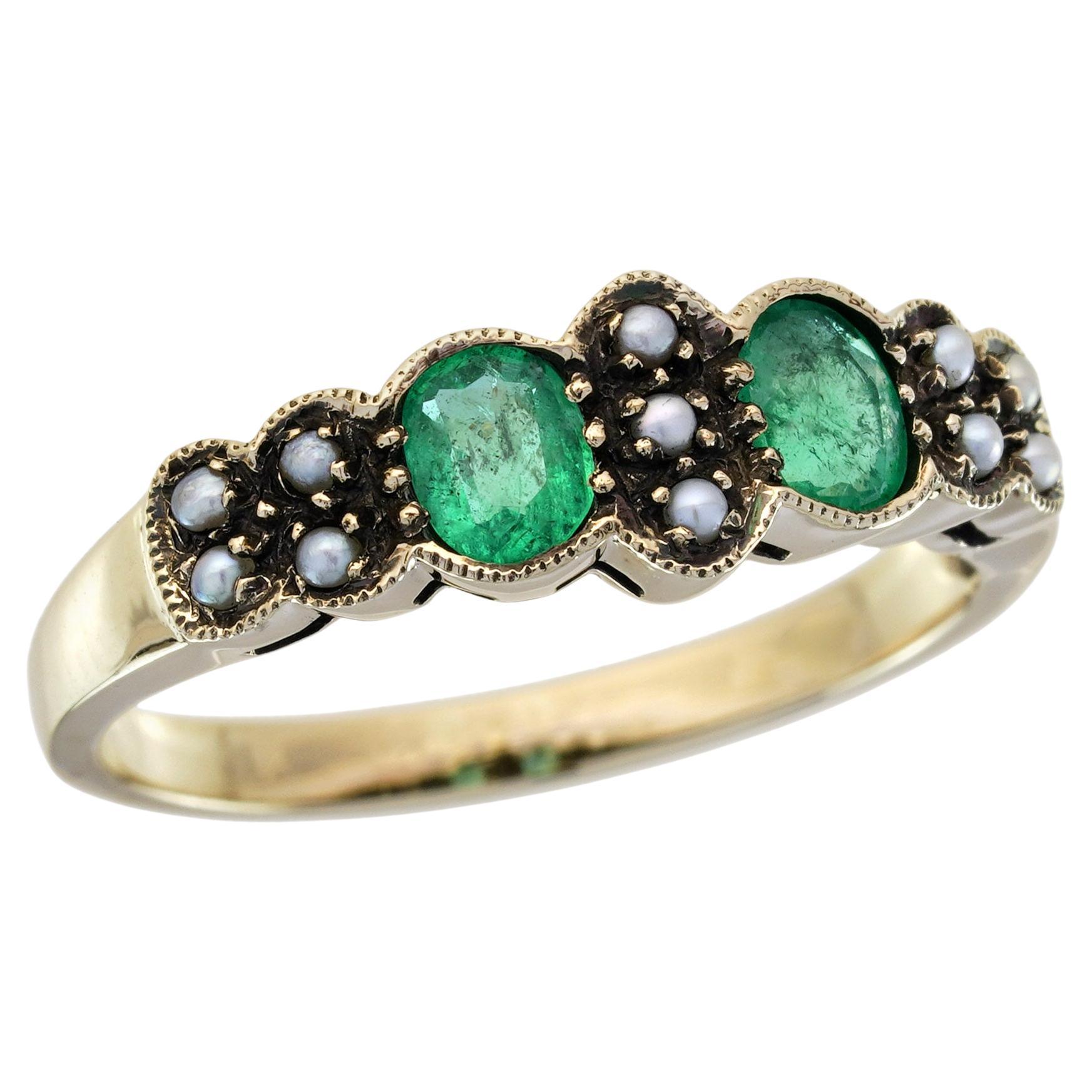 Natural Emerald and Pearl Vintage Style Ring in Solid 9K Yellow Gold