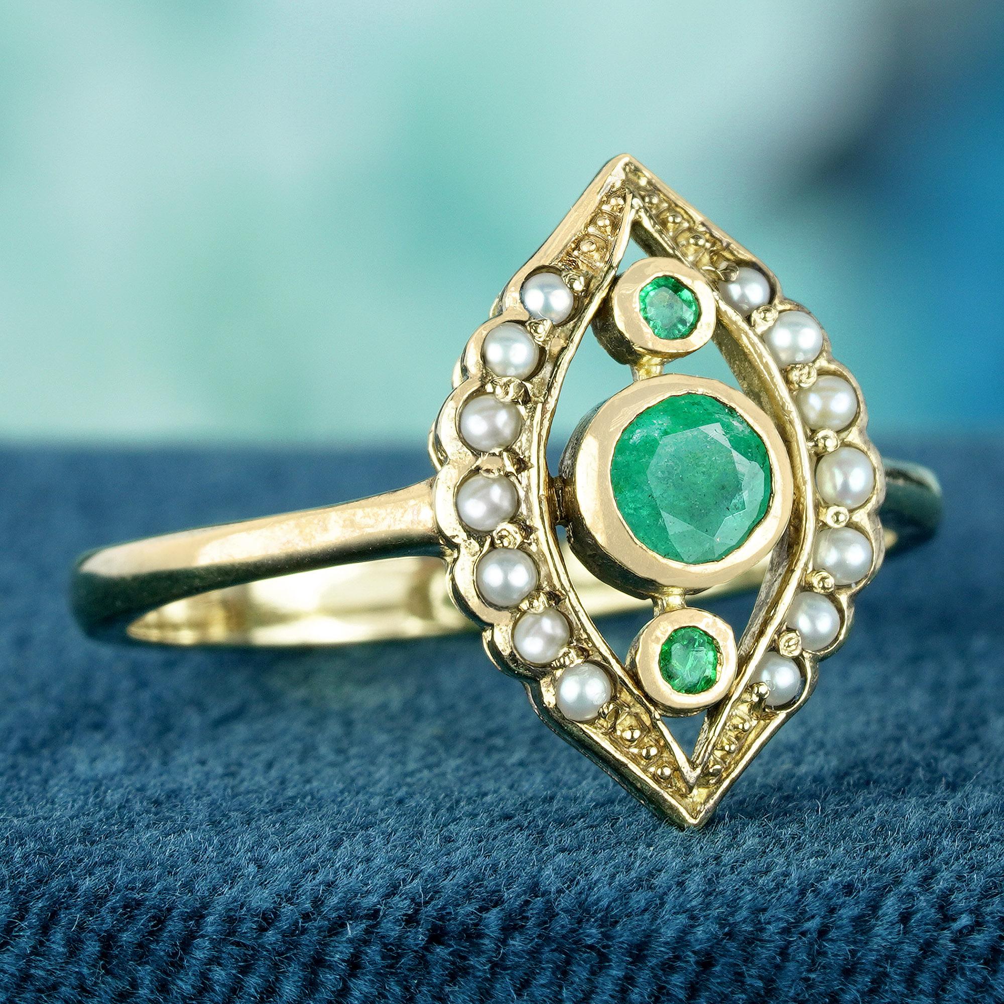 Edwardian Natural Emerald and Pearl Vintage Style Three Stone Ring in Solid 9K Yellow Gold For Sale