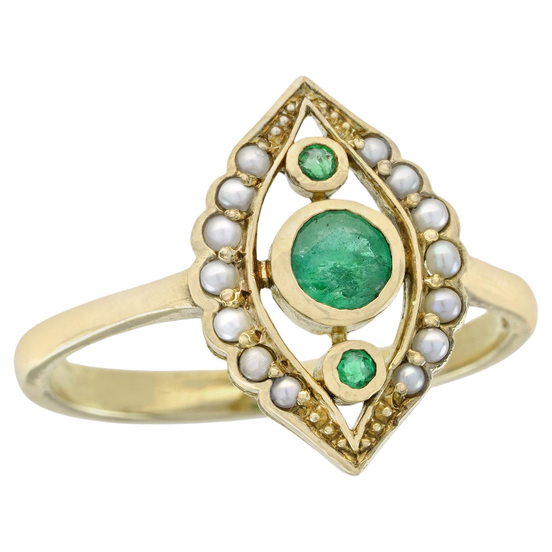 Natural Emerald and Pearl Vintage Style Three Stone Ring in Solid 9K Yellow Gold For Sale