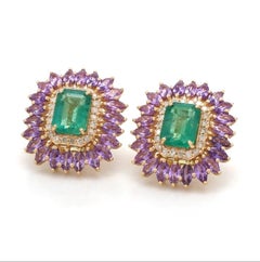 Boucle d'oreille en or 14k de 3.25 cts émeraude naturelle et 3.76 cts saphir rose