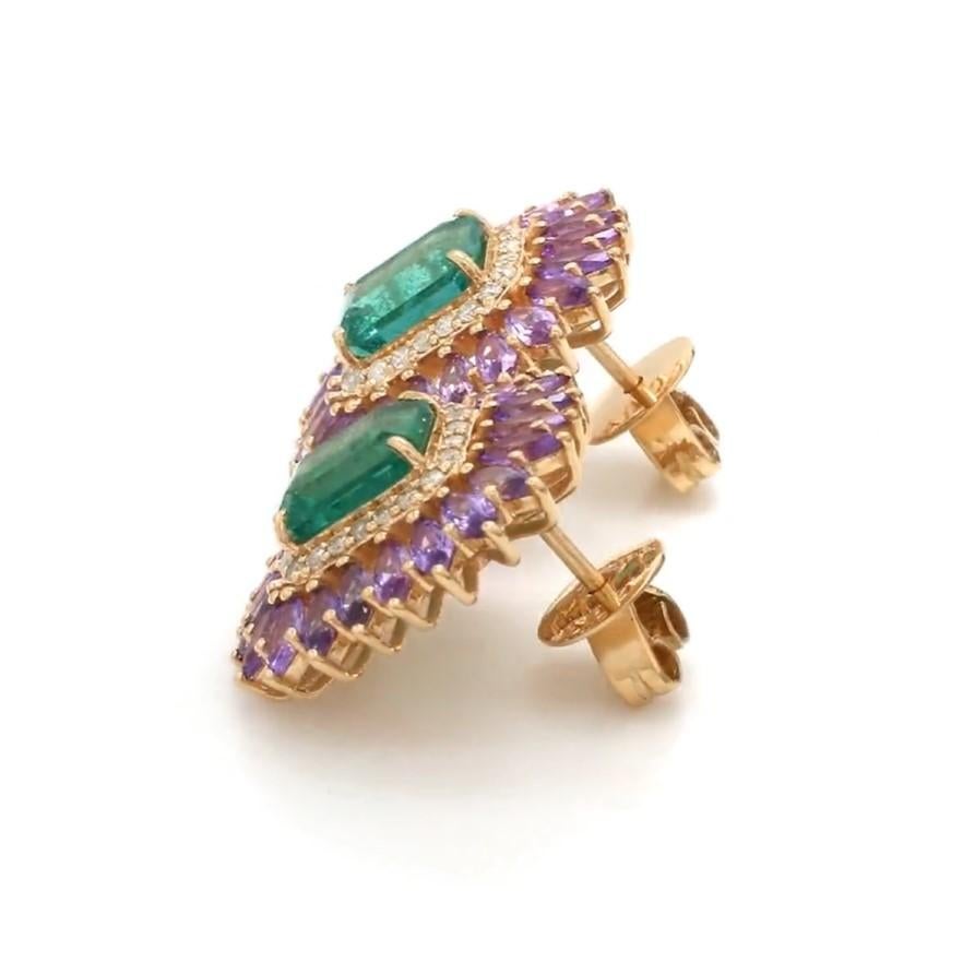 Taille Asscher Boucle d'oreille en or 14k émeraude naturelle et saphir rose en vente