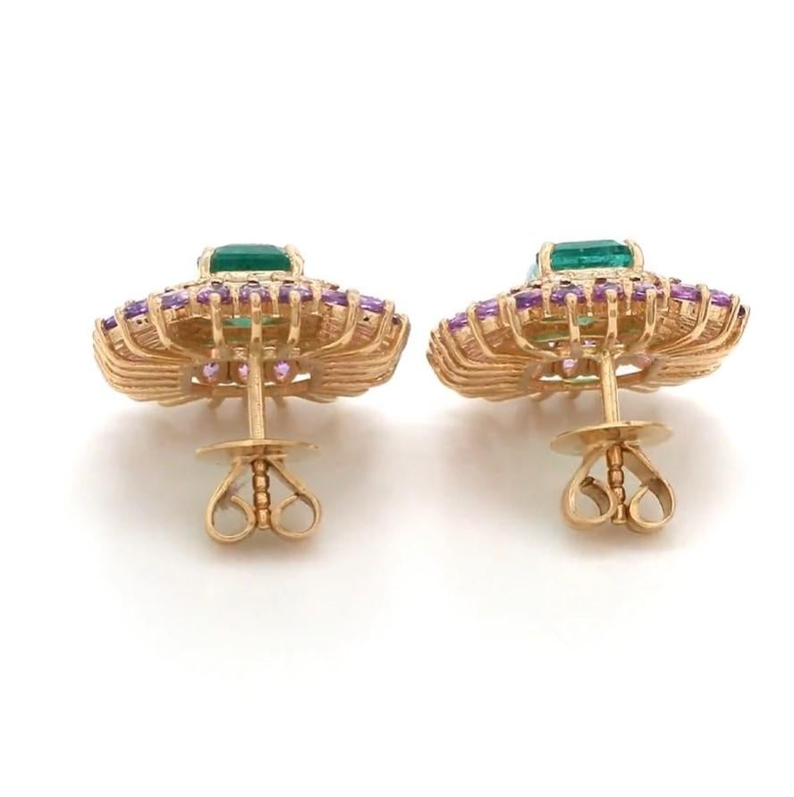 Boucle d'oreille en or 14k émeraude naturelle et saphir rose Neuf - En vente à New York, NY