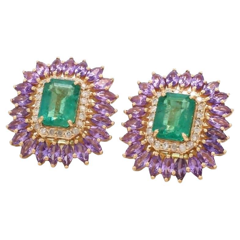 Boucle d'oreille en or 14k émeraude naturelle et saphir rose en vente