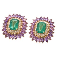 Boucle d'oreille en or 14k émeraude naturelle et saphir rose