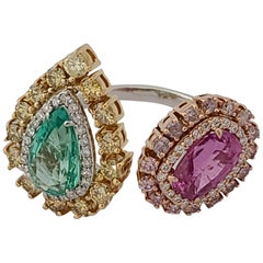 Natural Emerald and Pink Sapphire Ring in 18k Gold with Yellow and Pink Diamond