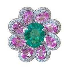 Natural Emerald and Pink Sapphire Ring Set in 18 Karat Gold with Diamonds