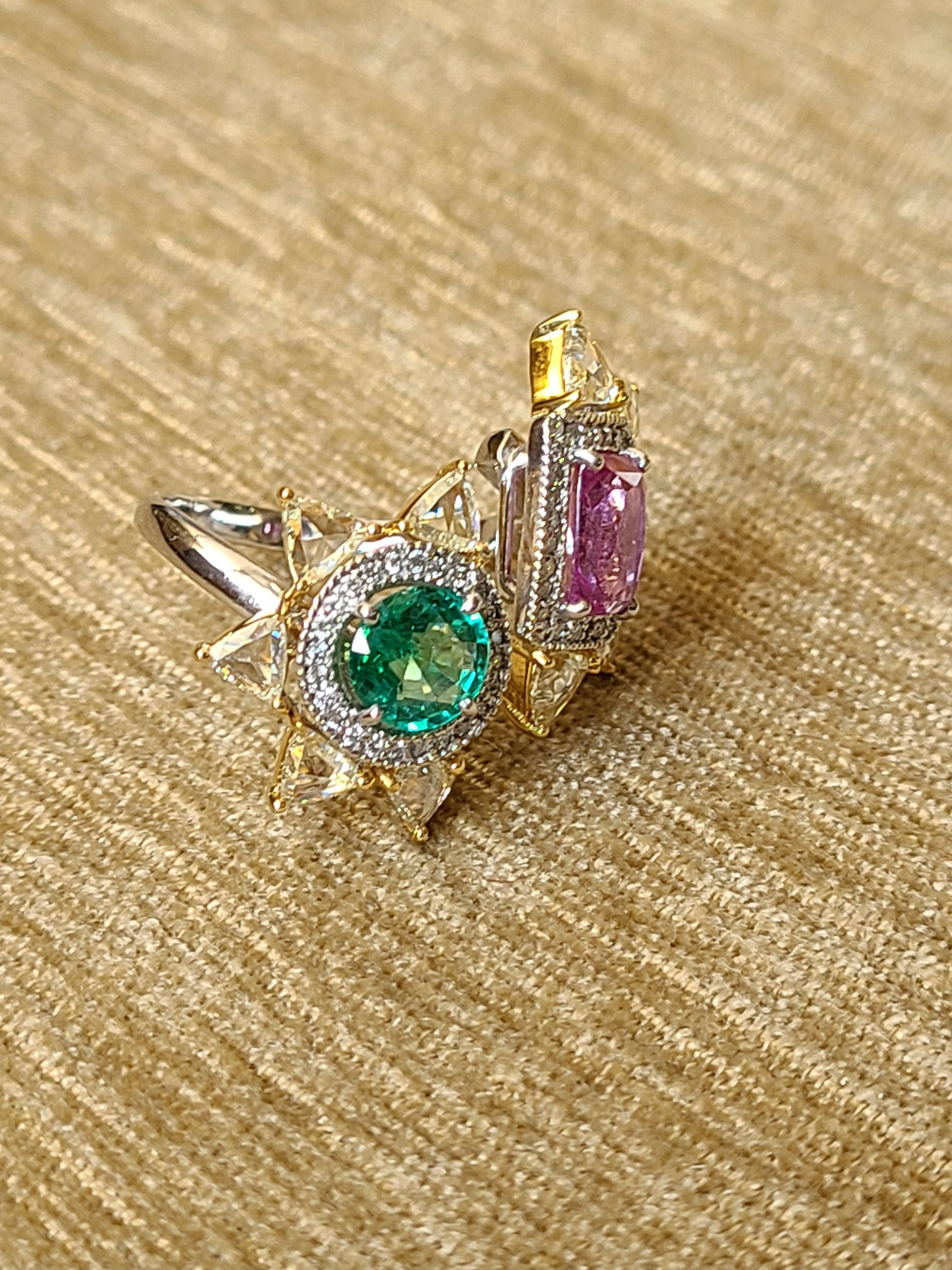 Modern Natural Emerald and Pink Sapphire Ring Set in 18 Karat Gold with Rosecut Diamond