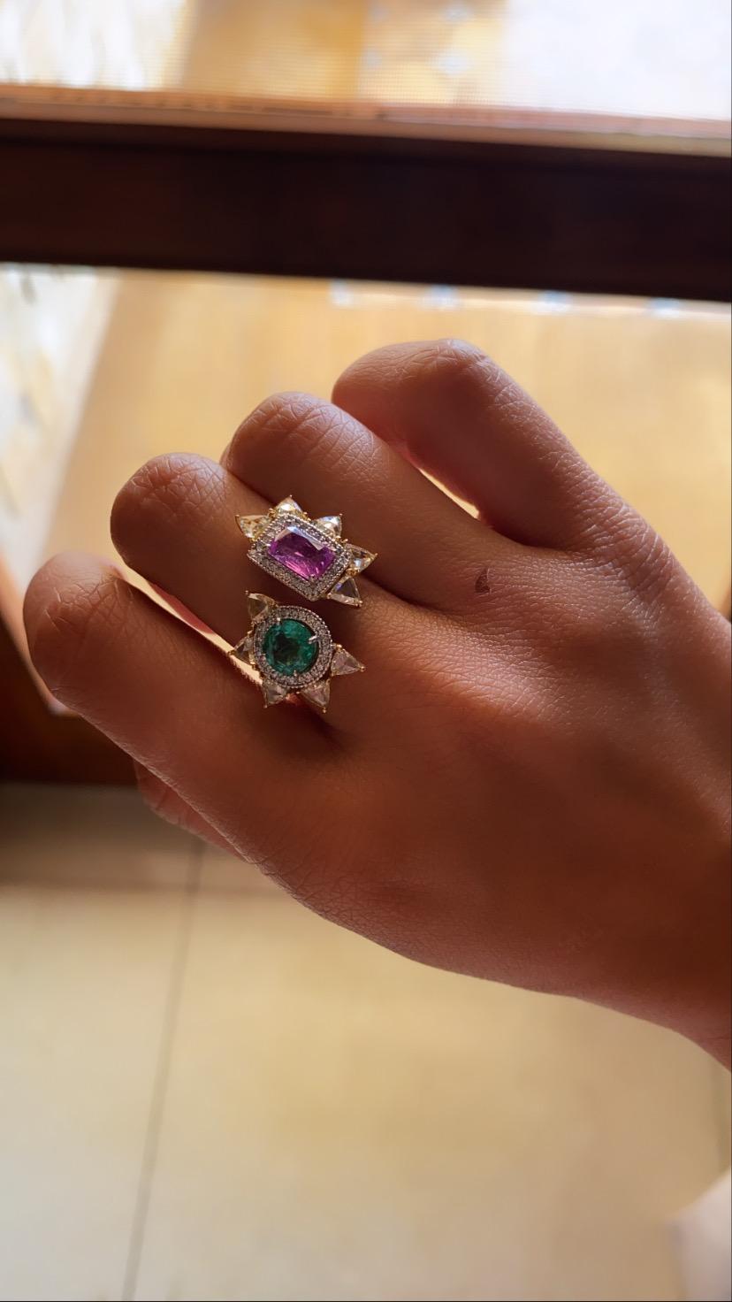 Women's Natural Emerald and Pink Sapphire Ring Set in 18 Karat Gold with Rosecut Diamond