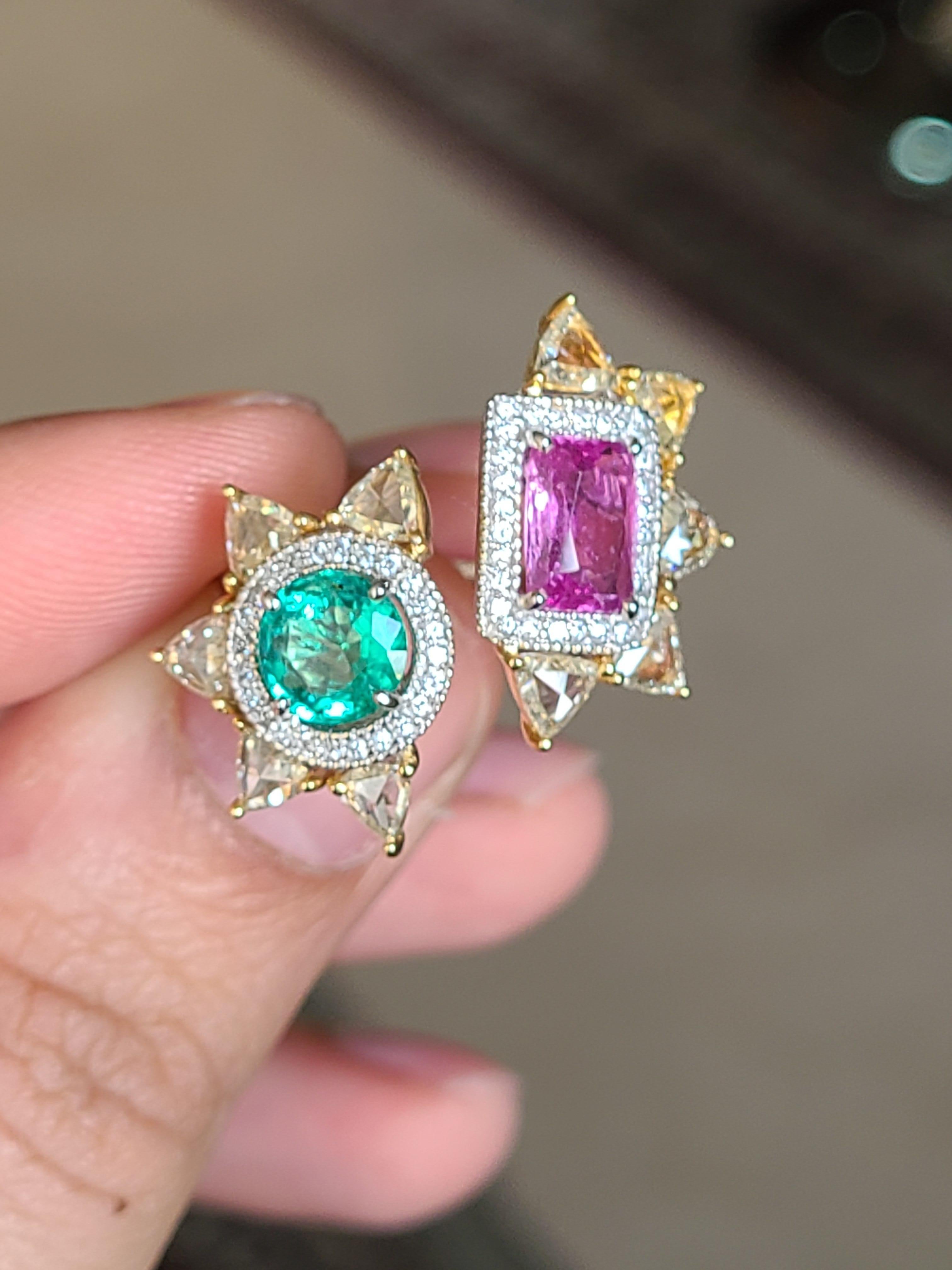Natural Emerald and Pink Sapphire Ring Set in 18 Karat Gold with Rosecut Diamond 1