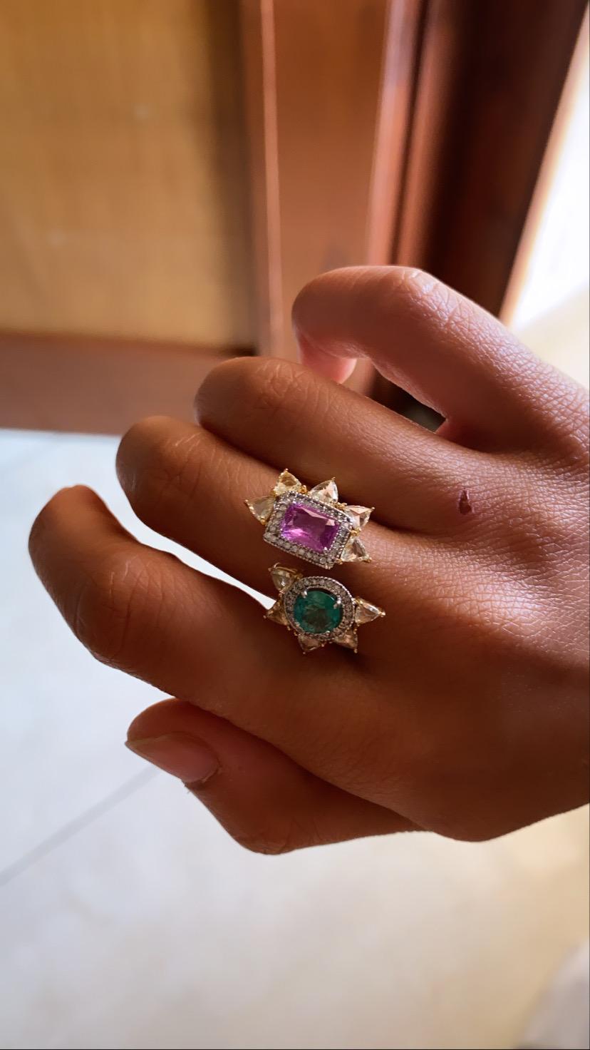 Natural Emerald and Pink Sapphire Ring Set in 18 Karat Gold with Rosecut Diamond 2