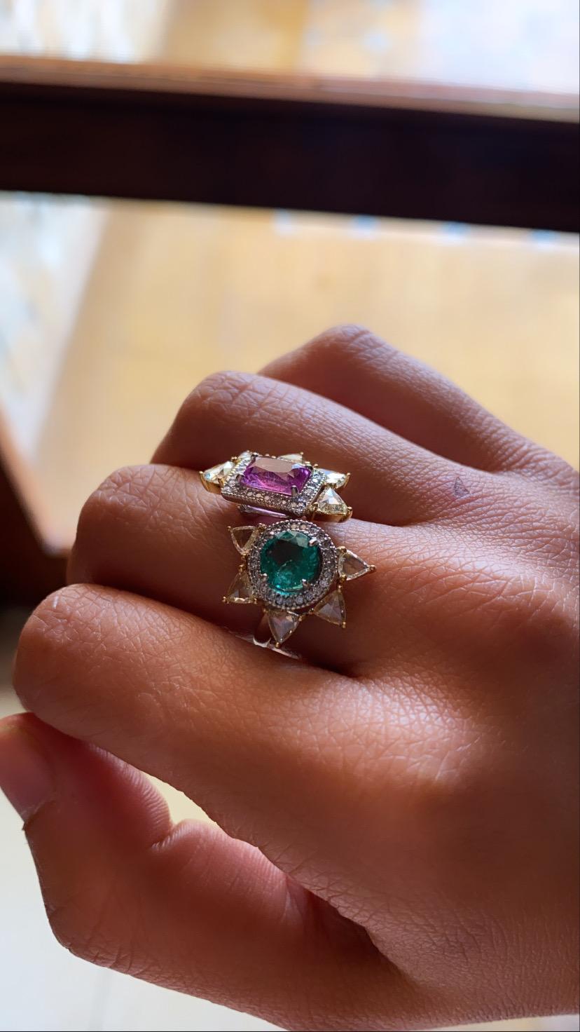 Natural Emerald and Pink Sapphire Ring Set in 18 Karat Gold with Rosecut Diamond 3
