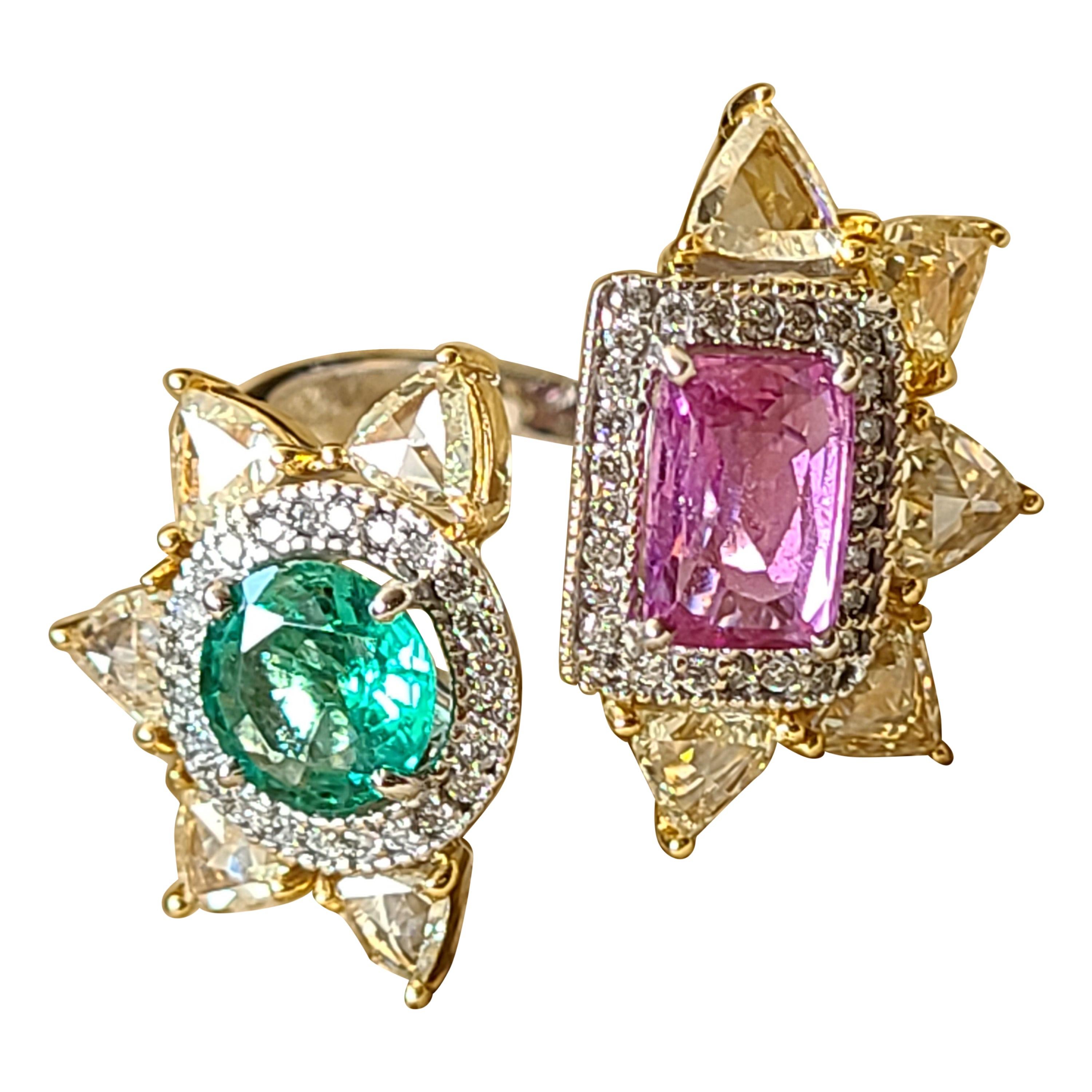 Natural Emerald and Pink Sapphire Ring Set in 18 Karat Gold with Rosecut Diamond