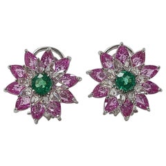 Natural Emerald and Pink Sapphire Studs Set in 18 Karat Gold with Diamonds