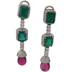 Natural Emerald and Red Tourmaline Earrings with Diamonds Set in 18 Karat Gold
