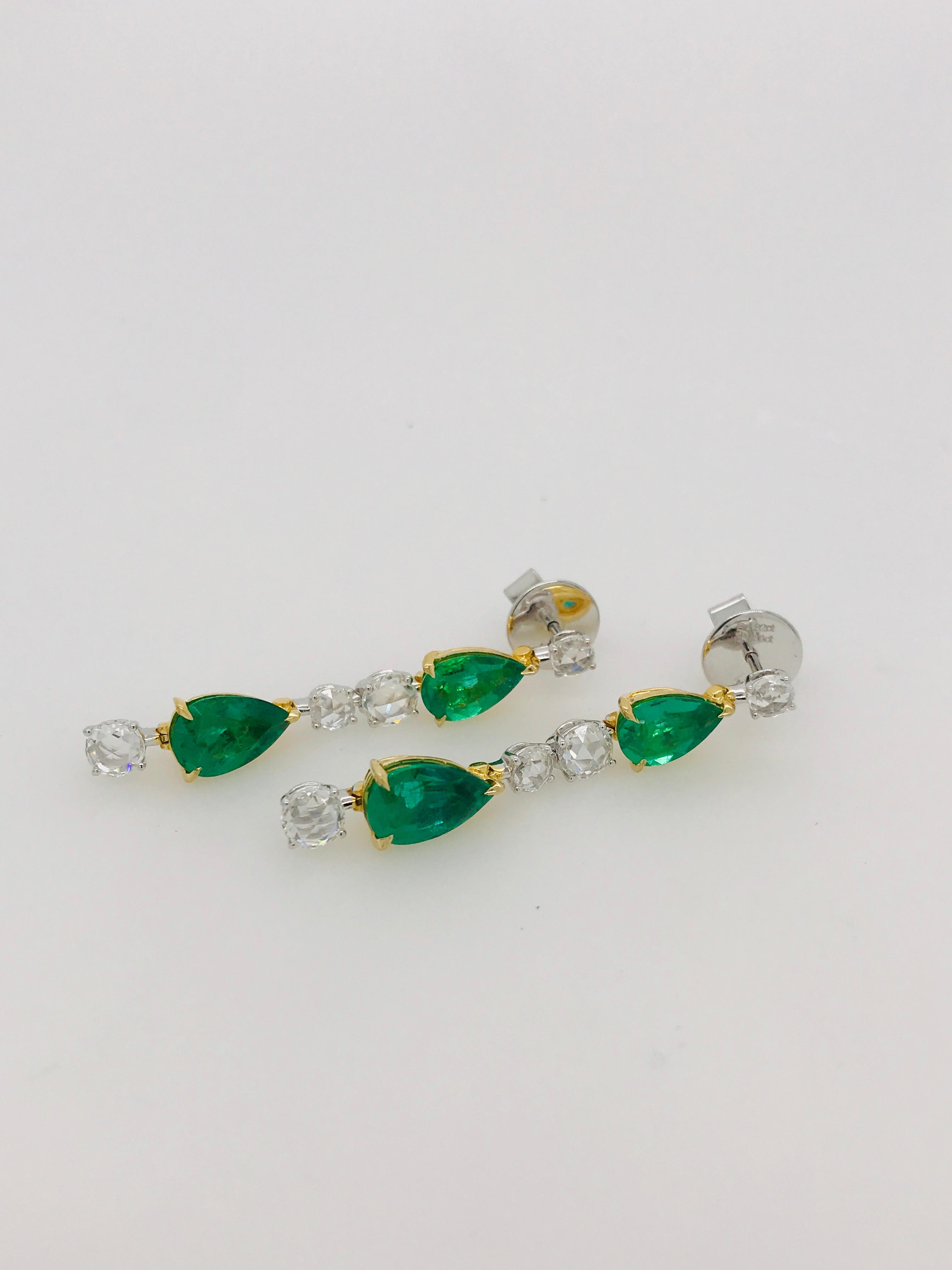 Modern Natural Emerald and Rose Cut Diamond Drop Earrings in 18ct Yellow and White Gold