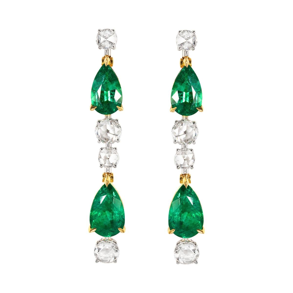Natural Emerald and Rose Cut Diamond Drop Earrings in 18ct Yellow and White Gold