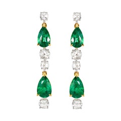 Natural Emerald and Rose Cut Diamond Drop Earrings in 18ct Yellow and White Gold