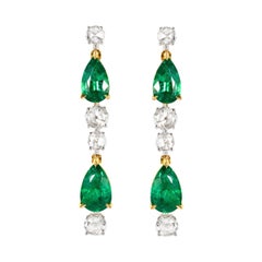 Natural Emerald and Rose Cut Diamond Drop Earrings in 18ct Yellow and White Gold