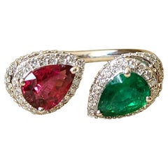 Natural Emerald and Rubellite Ring Set in 18 Karat Gold with Diamonds