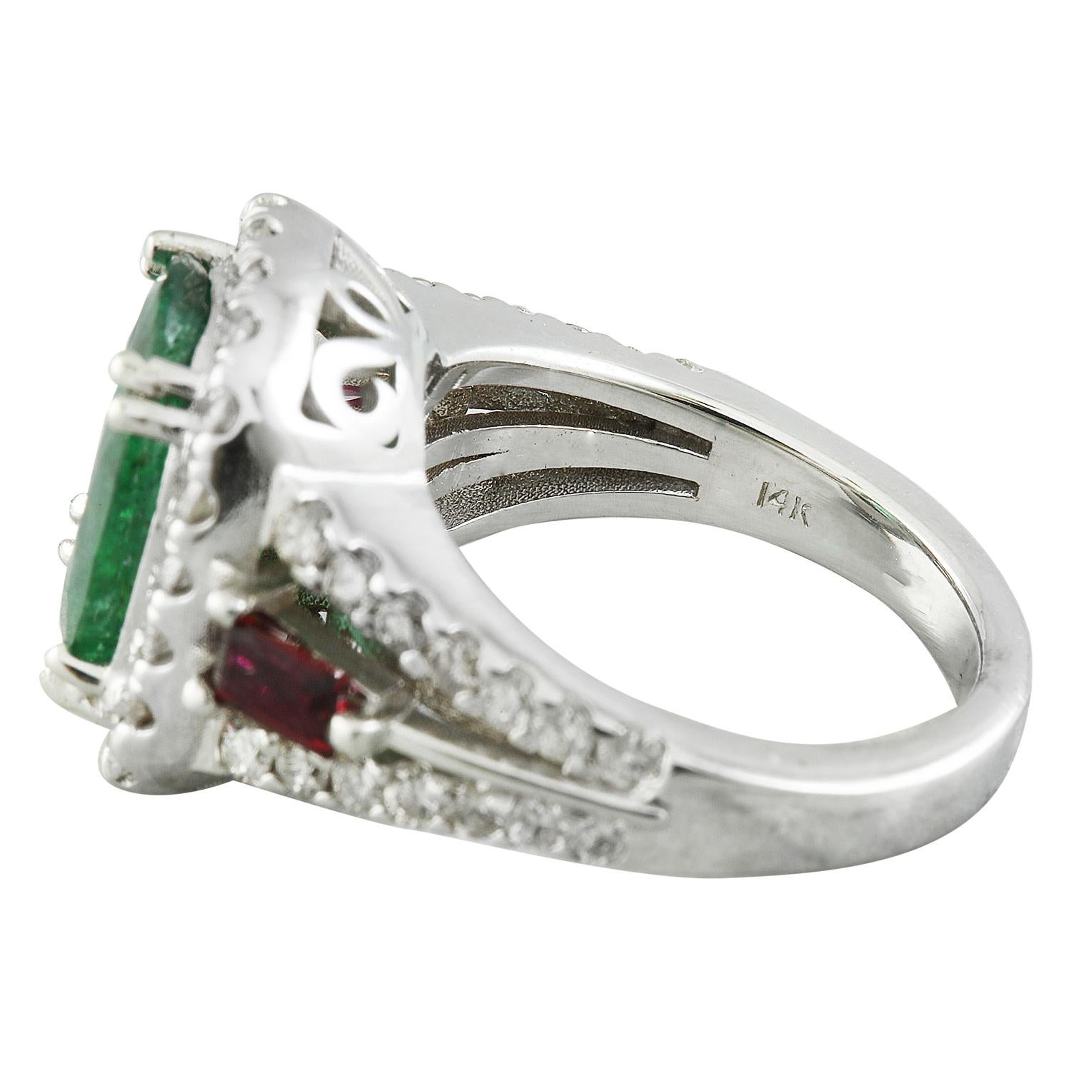 Oval Cut Natural Emerald and Ruby Diamond Ring in 14 Karat Solid White Gold  For Sale