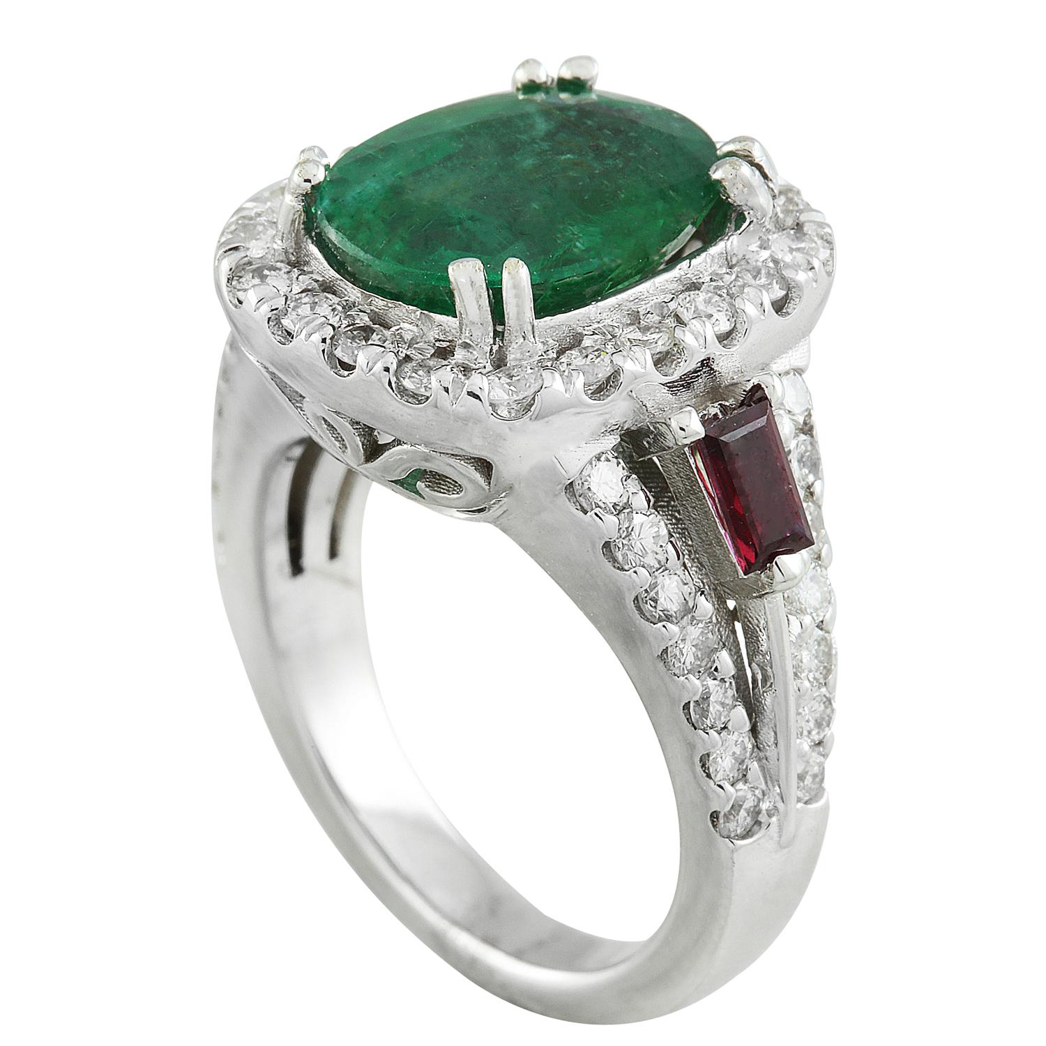 Natural Emerald and Ruby Diamond Ring in 14 Karat Solid White Gold  In New Condition For Sale In Los Angeles, CA