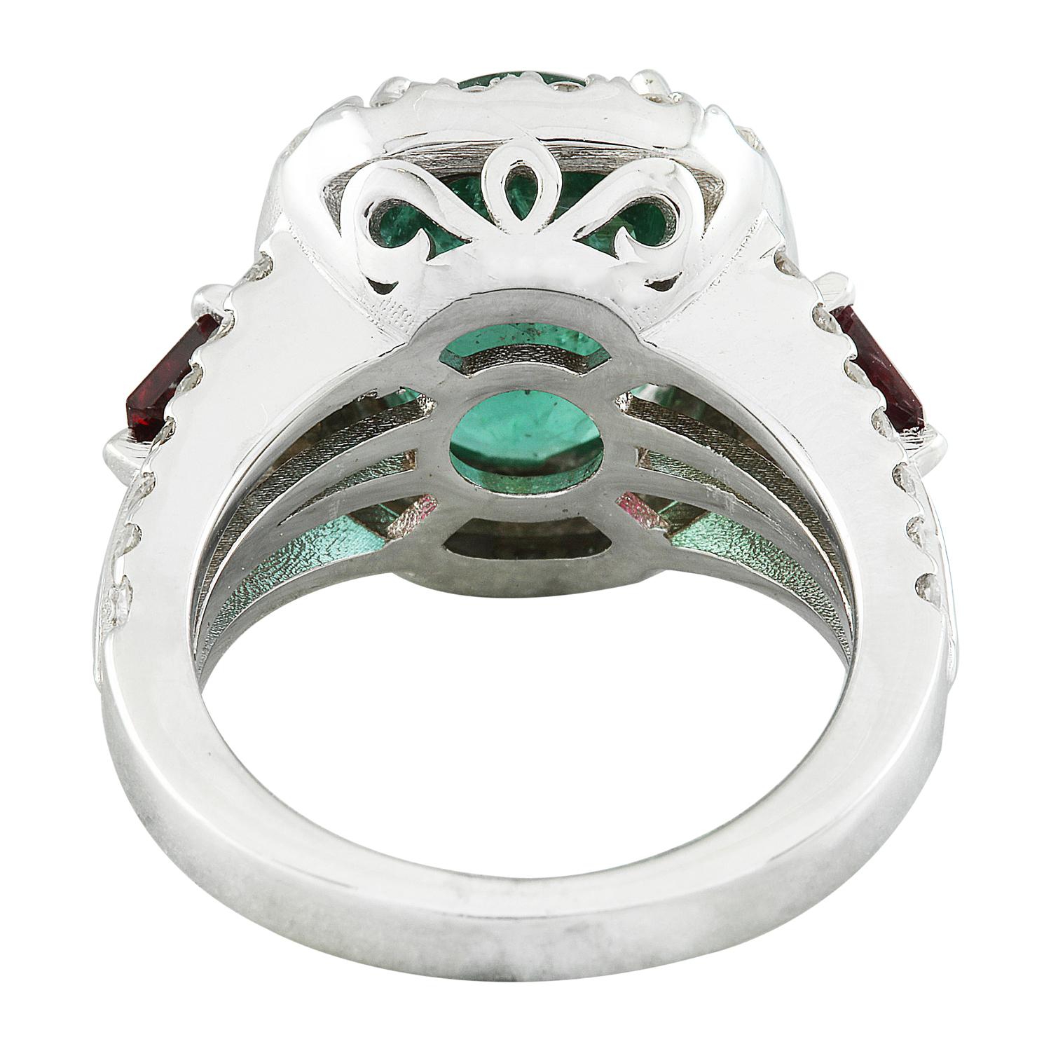 Women's Natural Emerald and Ruby Diamond Ring in 14 Karat Solid White Gold  For Sale