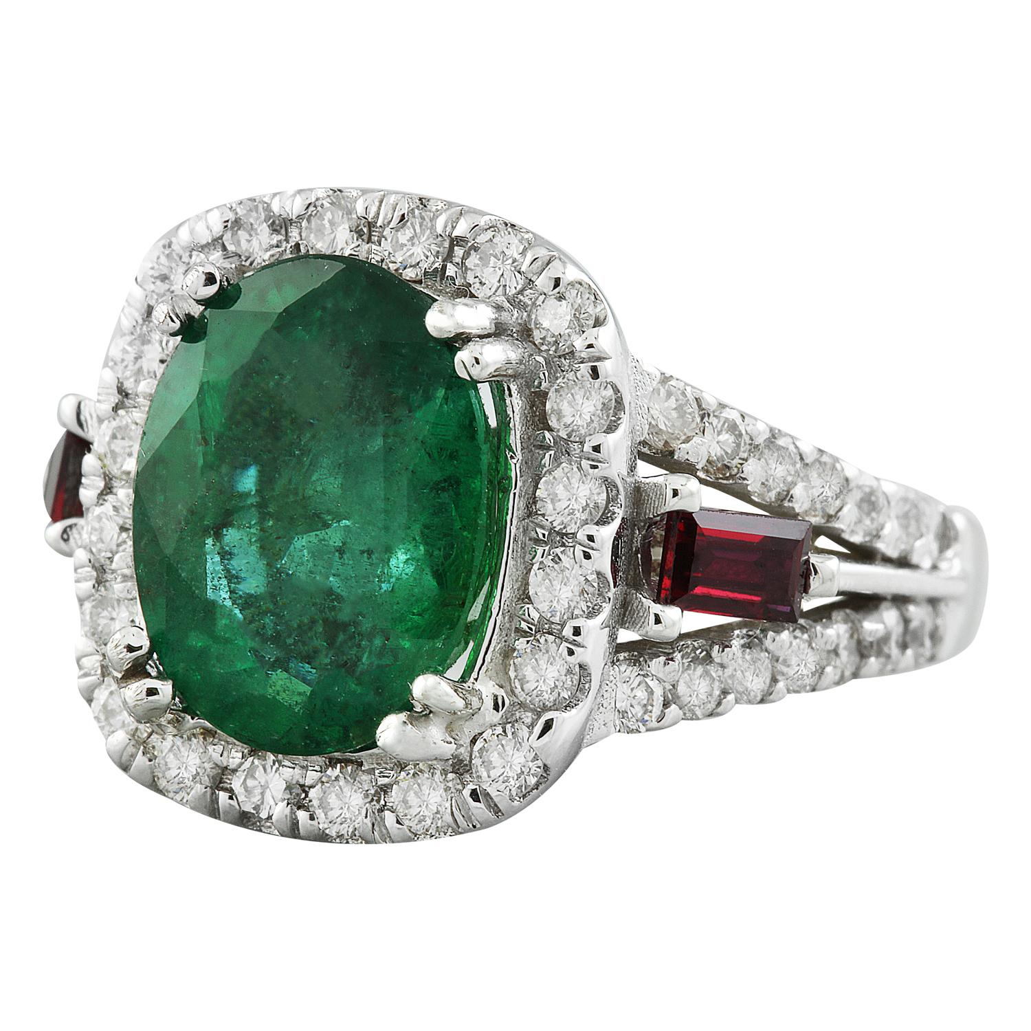 Natural Emerald and Ruby Diamond Ring in 14 Karat Solid White Gold  For Sale 1